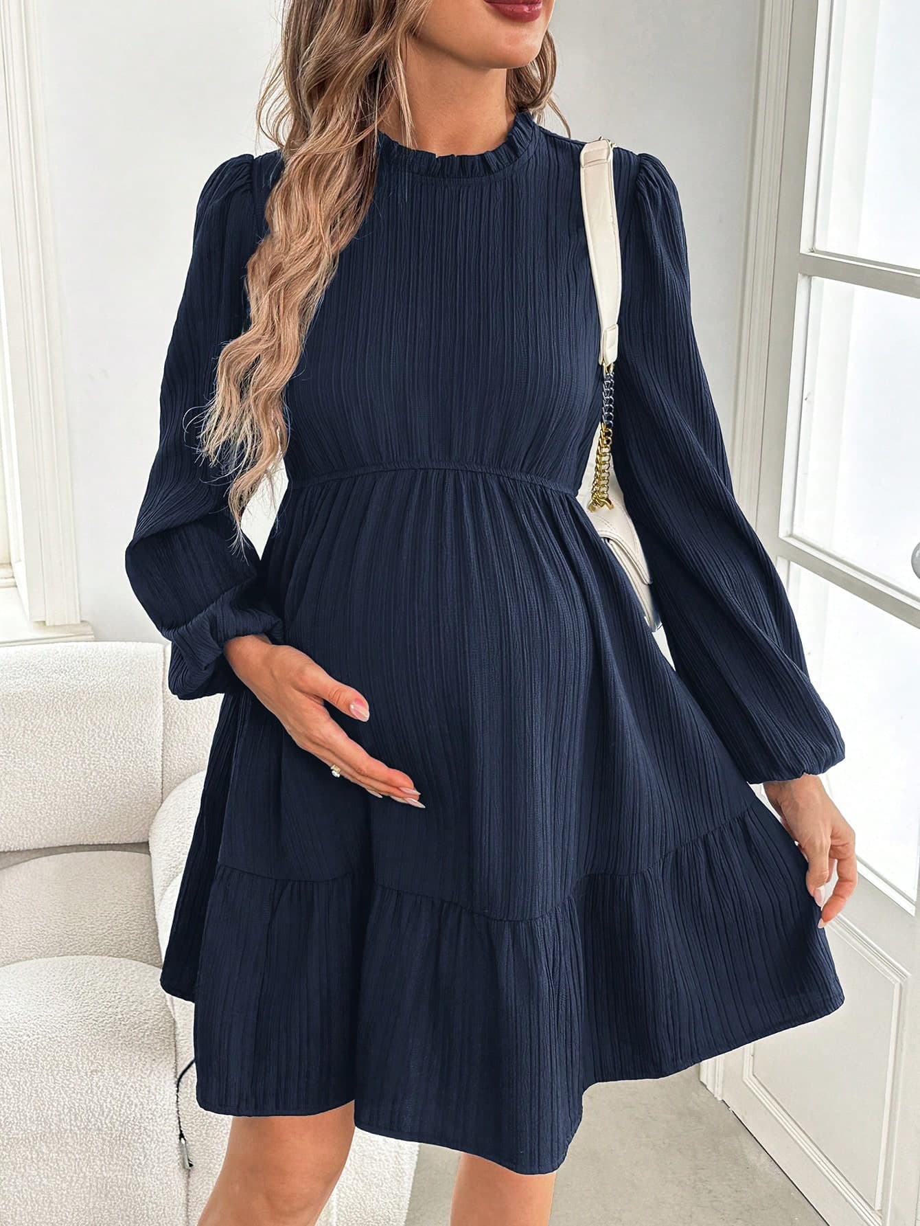 SHEIN Maternity Elegant Green Evening Gown, Long Lantern Sleeve Slit Hem Slim Fit Dress For Pregnant Women Fall