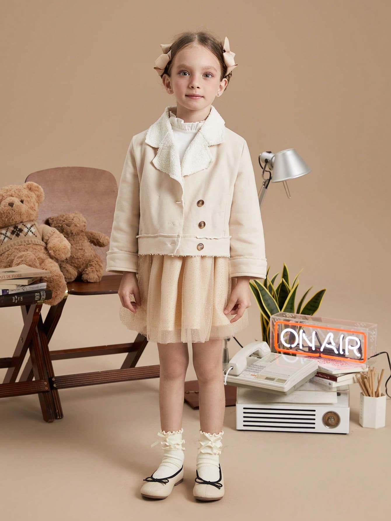 PrepCrw Young Girls' Apricot Woven Fitted Oblique Lapel Jacket, College Style For Autumn/Winter