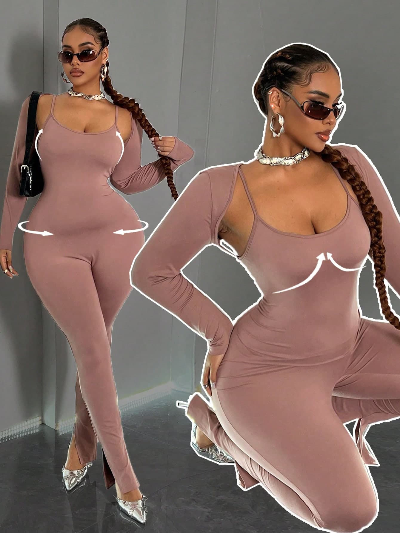 SHEIN ICON Women Plus Size Solid Color Long Sleeve Casual Tight Jumpsuit, Autumn Fall Cloth For Women