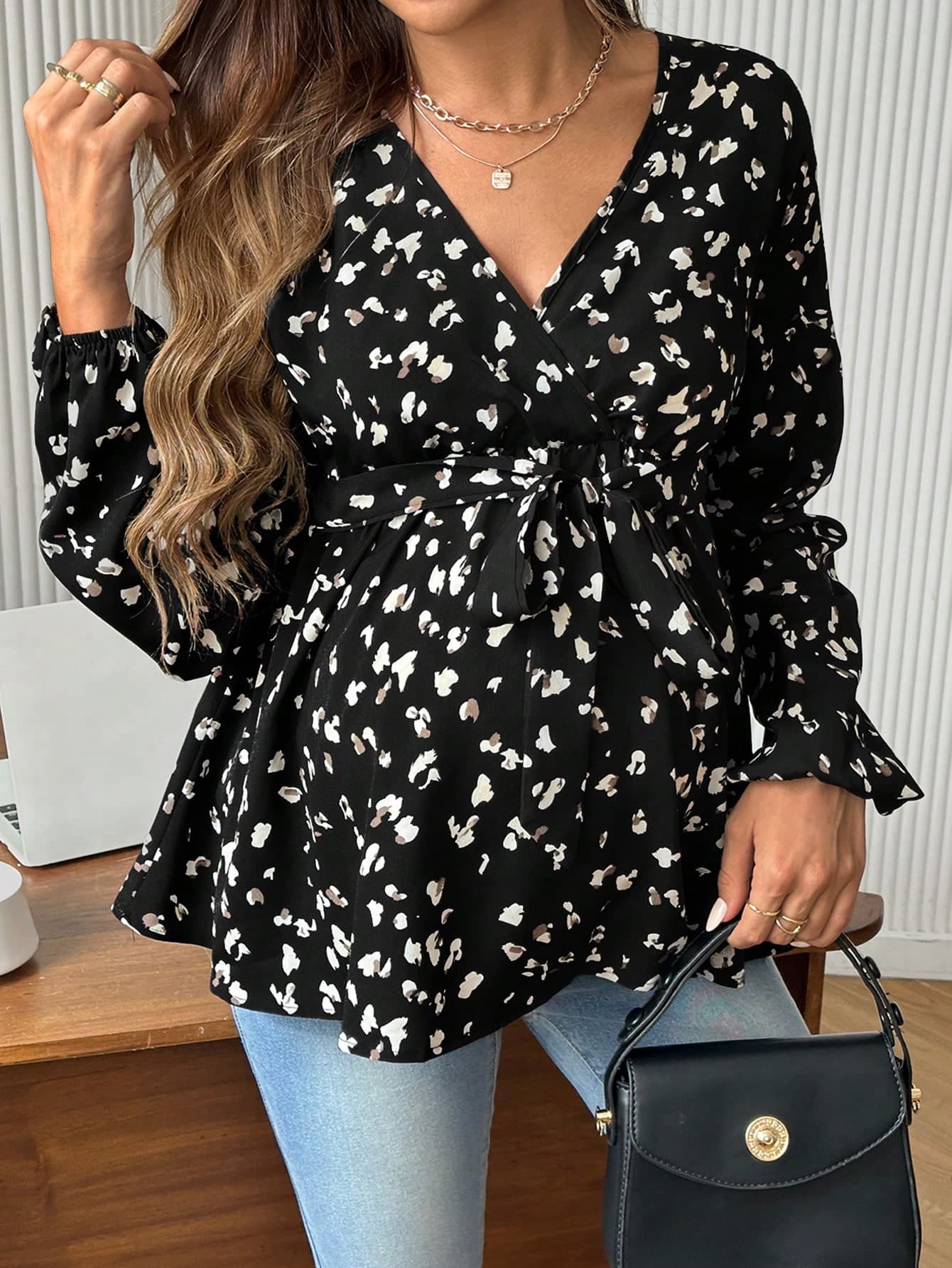 SHEIN Maternity Casual Allover Print Lantern Sleeve Shirt, Autumn Fall