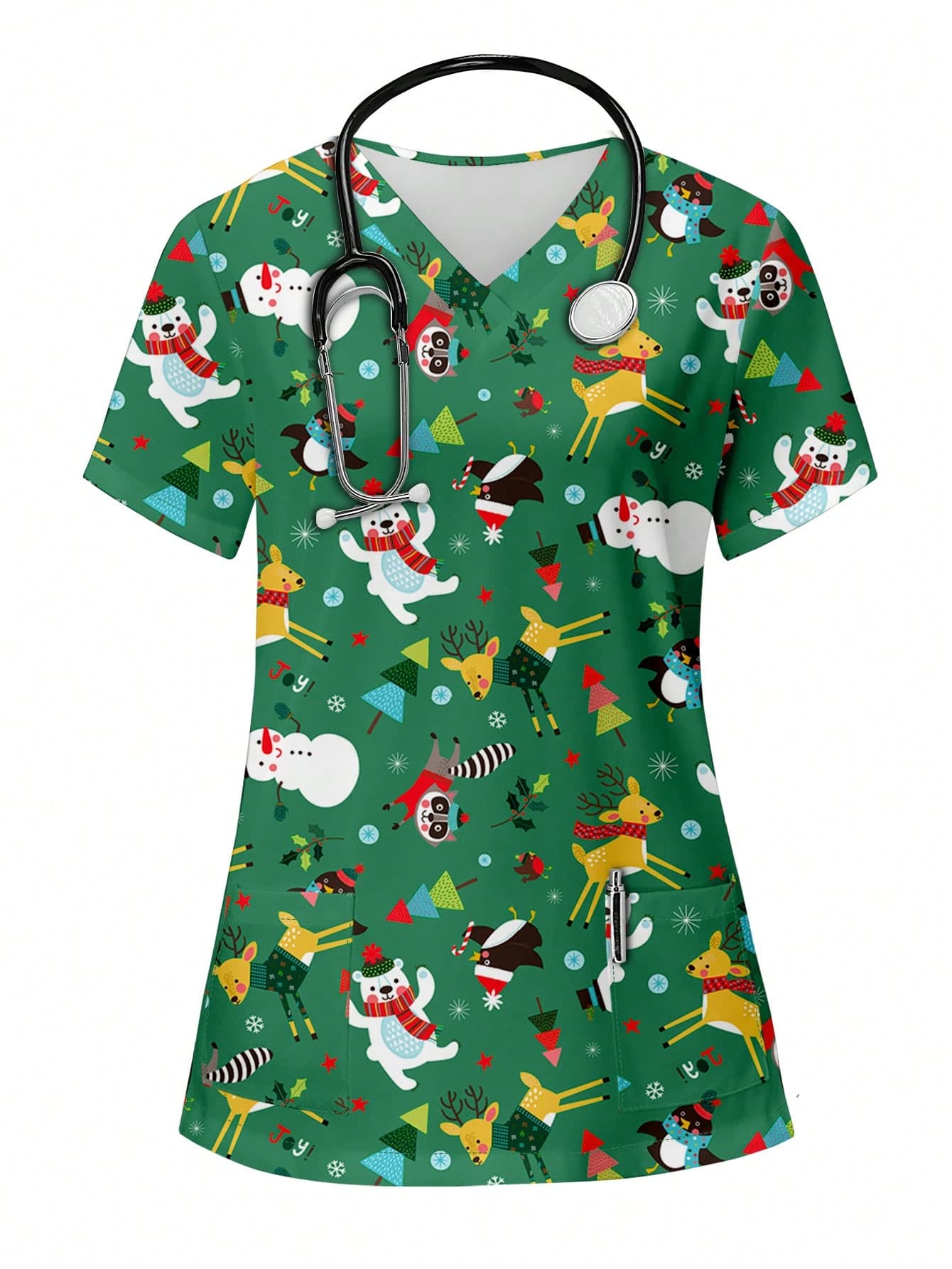 PopScrub Christmas Arctic Bear, Reindeer, Penguin Print Women V-Neck Short Sleeve Pocket Green Nurse Uniform Top, Scrubs