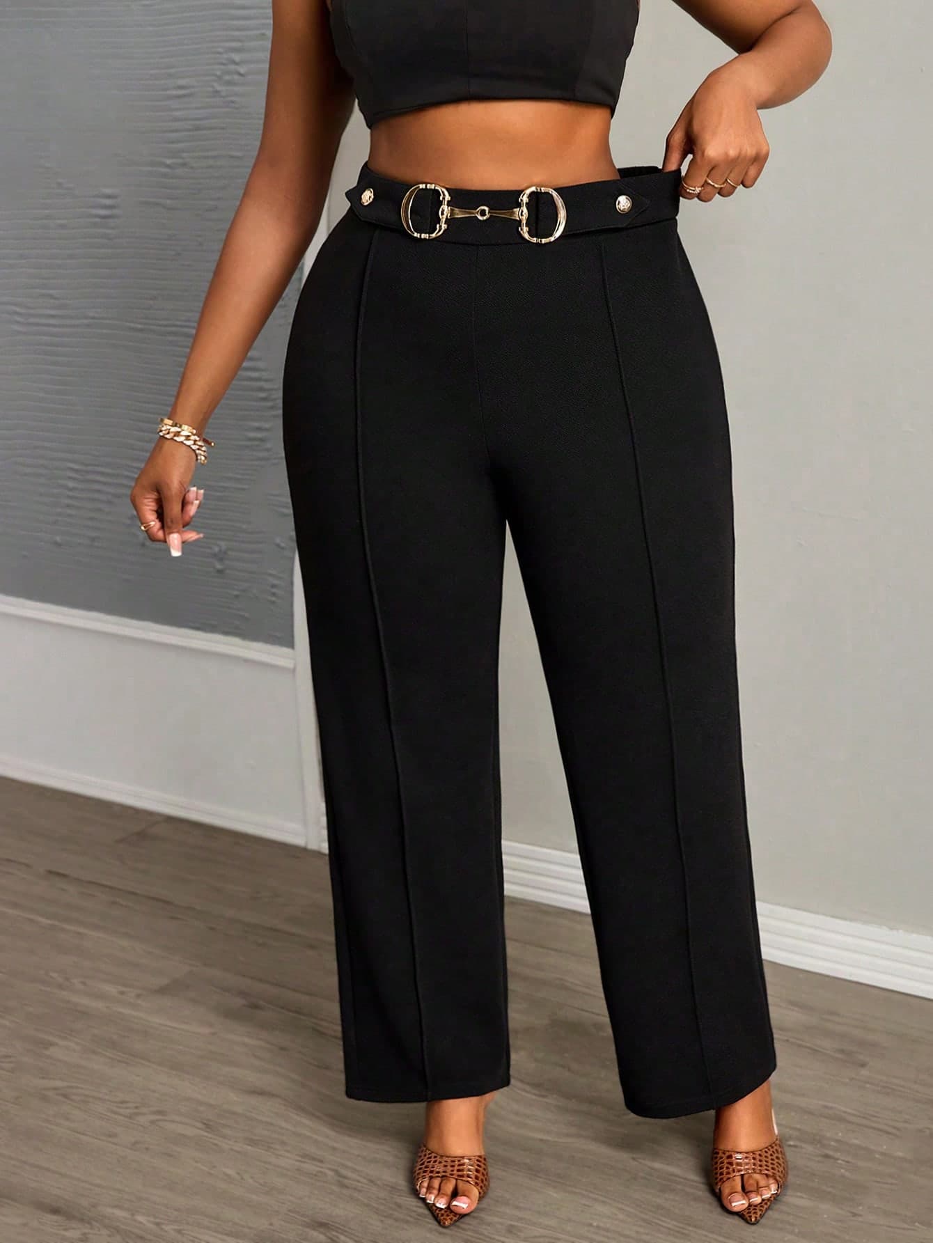 Slaydiva Elegant & Commute & Party & Date Slim Solid Black Metal Decor Button Maxi Straight Pants Women Plus Size Trousers Spring Autumn Fall
