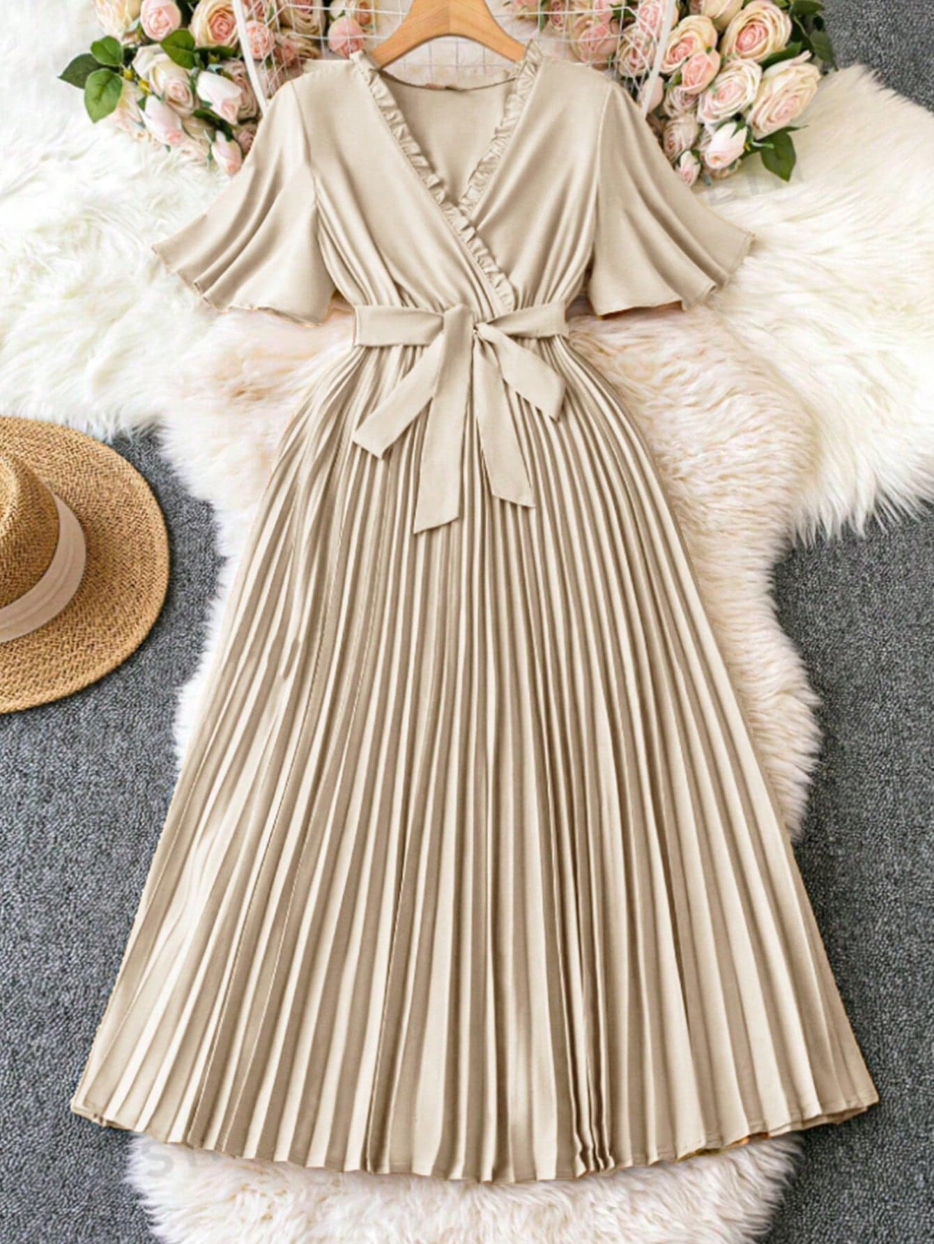 Elenzga Women Plain Color Short Sleeve Pleated Casual Midi Dress Maxi Women Outfit
