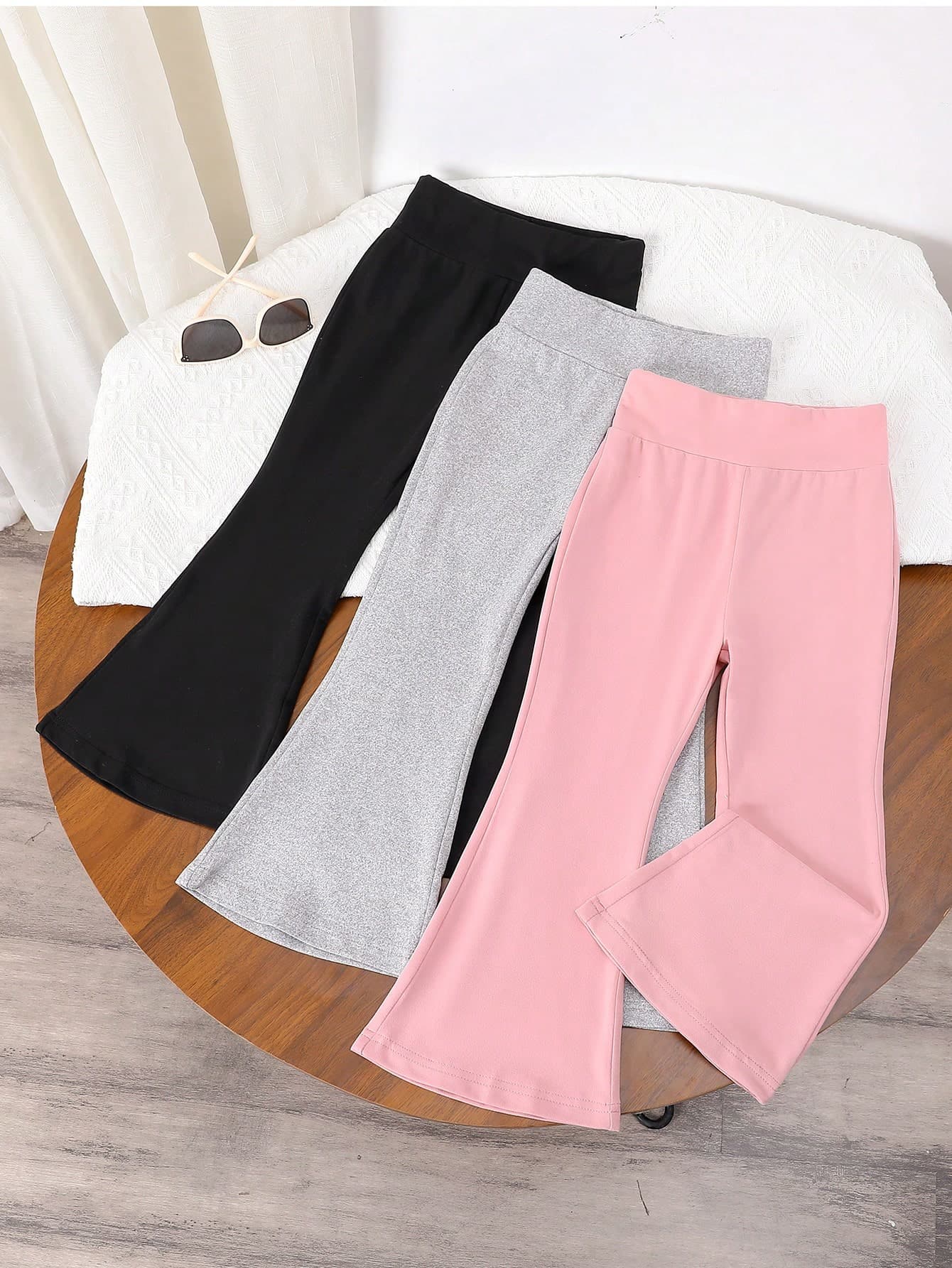 SHEIN Genkimix Kids 3pcs Young Girl Set, Spring/Autumn Solid Color High Waist Flare Pants, Casual, School, Campus, College