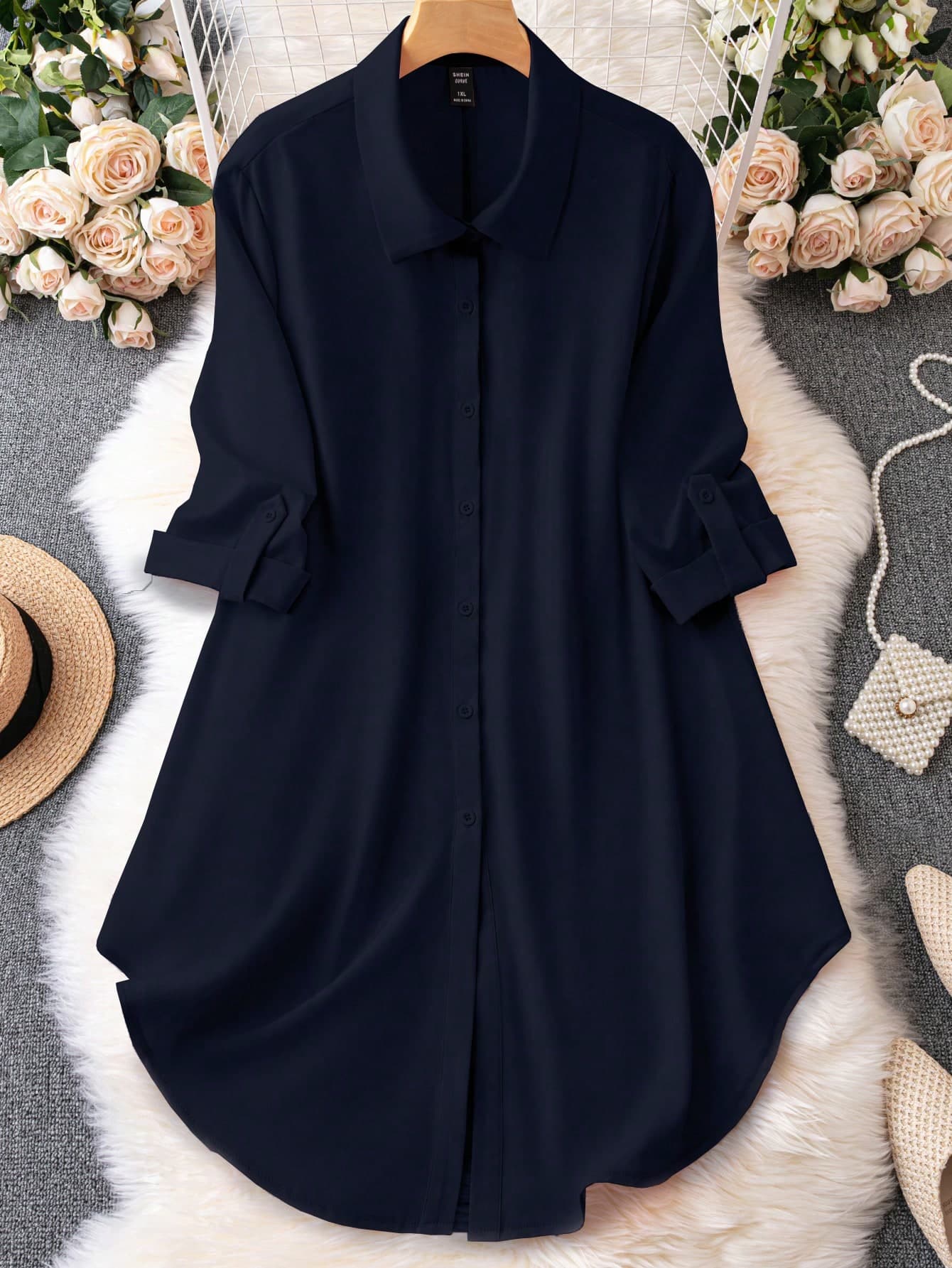 SHEIN LUNE Plus Size Casual Solid Color Button Front Shirt Dress, Autumn Fall Cloth For Women