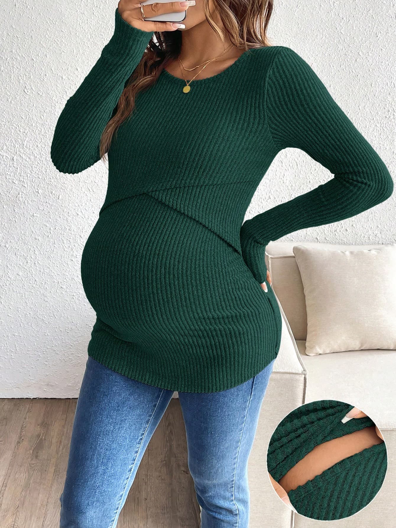SHEIN Maternity Casual Solid Color Slim Nursing Long Sleeve T-Shirt, Nursing T-Shirt, Autumn/Winter Fall