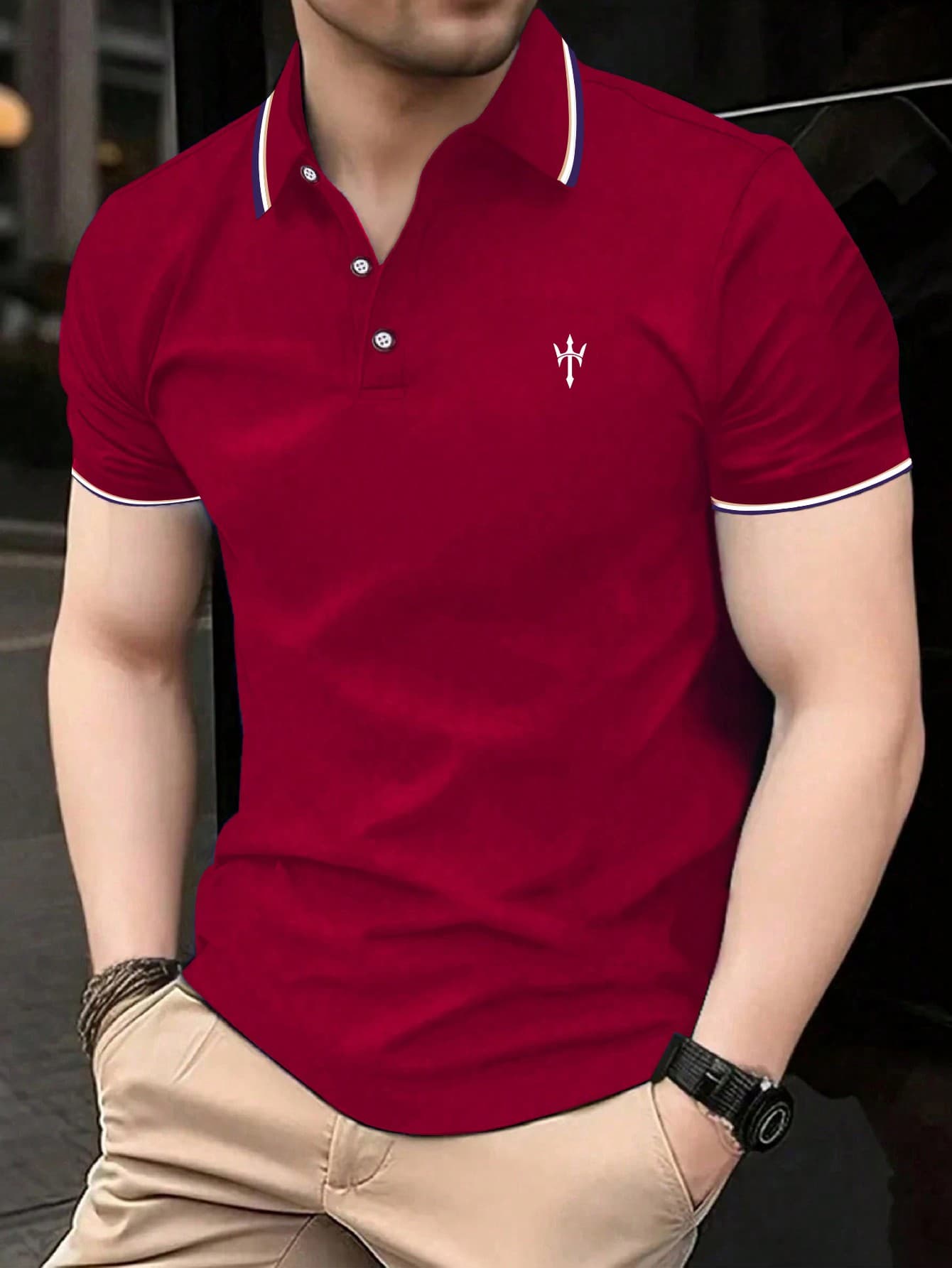 Manfinity Dauomo Maroon Golf Polo Shirt For Men, Fashion Business Casual Printed Short Sleeve Collared Button Design