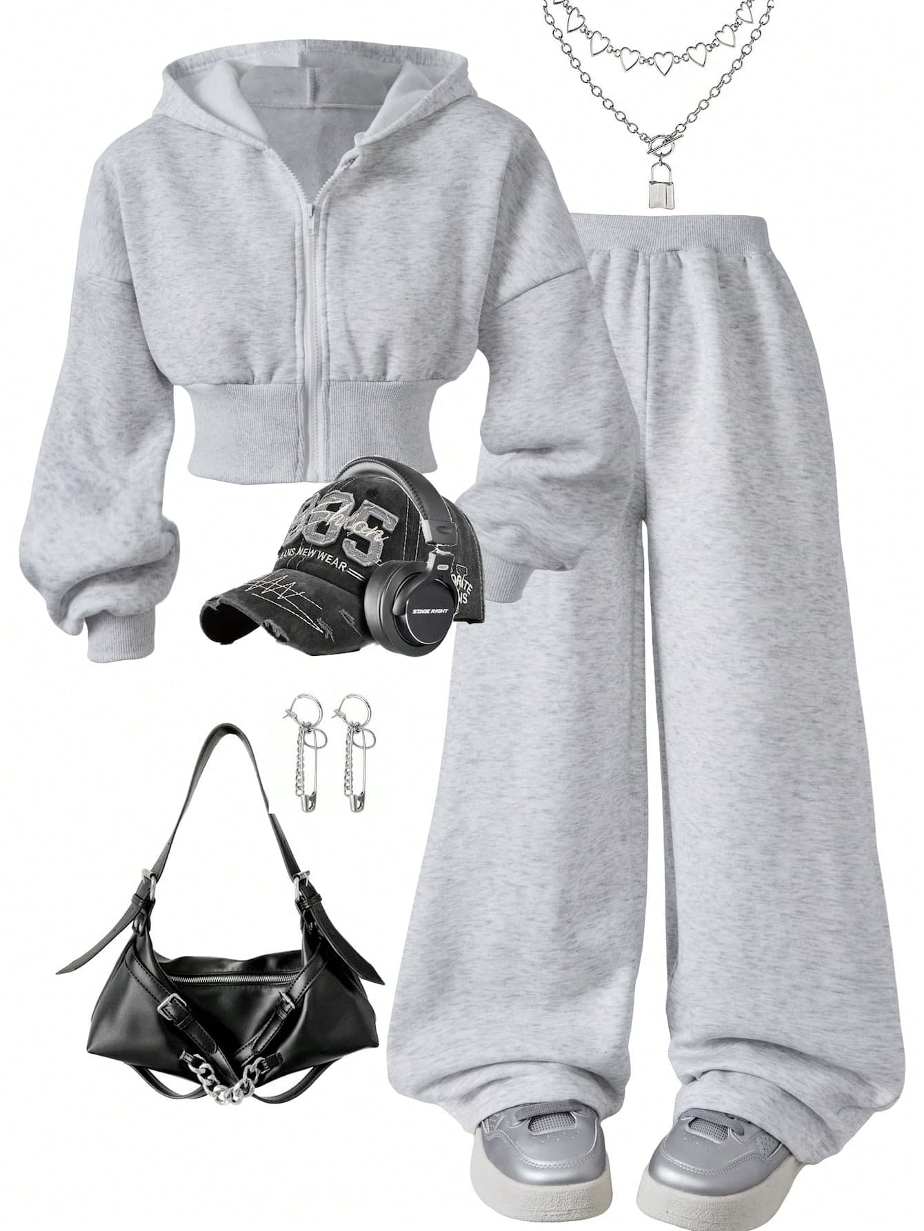 SHEIN 2pcs Tween Girl Velvet White Floral Gray Waist Pull-On Hoodie & Loose Fit Sweatpants Casual Sports Outfit, Autumn/Winter