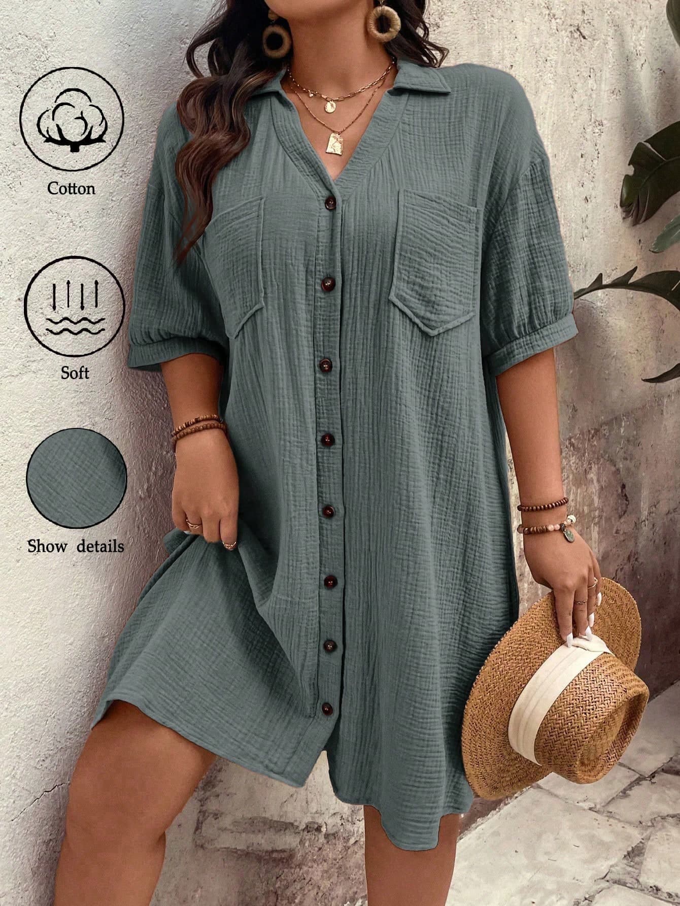 EMERY ROSE Plus Size Women Elegant Daily Wear Solid Color Woven Button-Down Dropped Shoulder Puff Sleeve Pocket V-Neck Collared Mid-Length Dress, Summer
