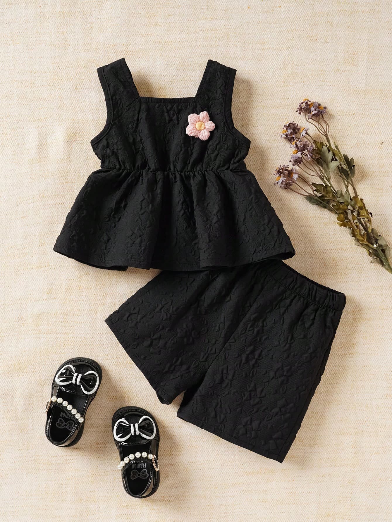 Souflis Souflis Baby Girl Casual 3D Floral Decorated Jacquard Sleeveless Top And Shorts Set For Summer
