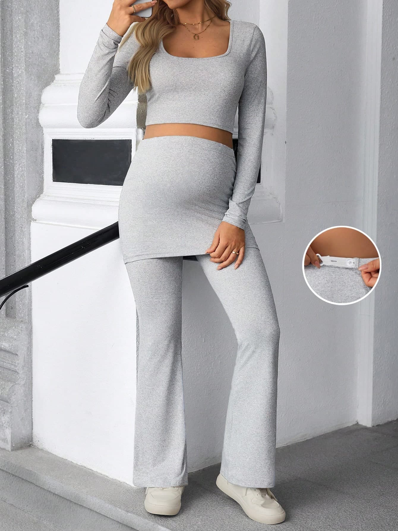 SHEIN 2pcs Maternity Casual Solid Color Cropped Long Sleeve Top And Pants Set, Pants Set, Autumn
