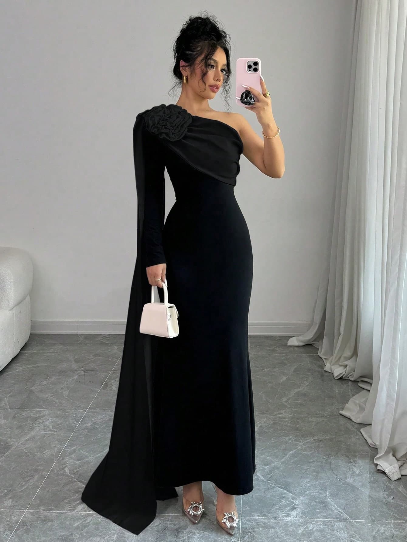 Everyssa 1pc Women's Elegant 3D Floral Decor One Shoulder Cinched Waist Dress, Autumn Maxi Women Outfit Fall Cloth For Women