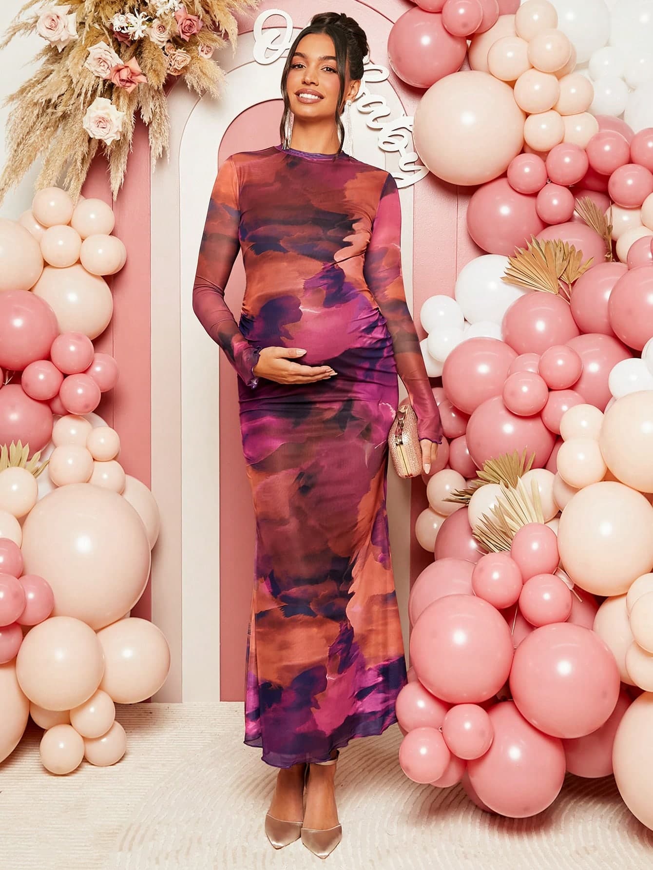 Loomaby Gender Reveal Dress Maternity Round Neck Long Sleeve Printed Ruched Casual Long Dress For Baby Shower Fall