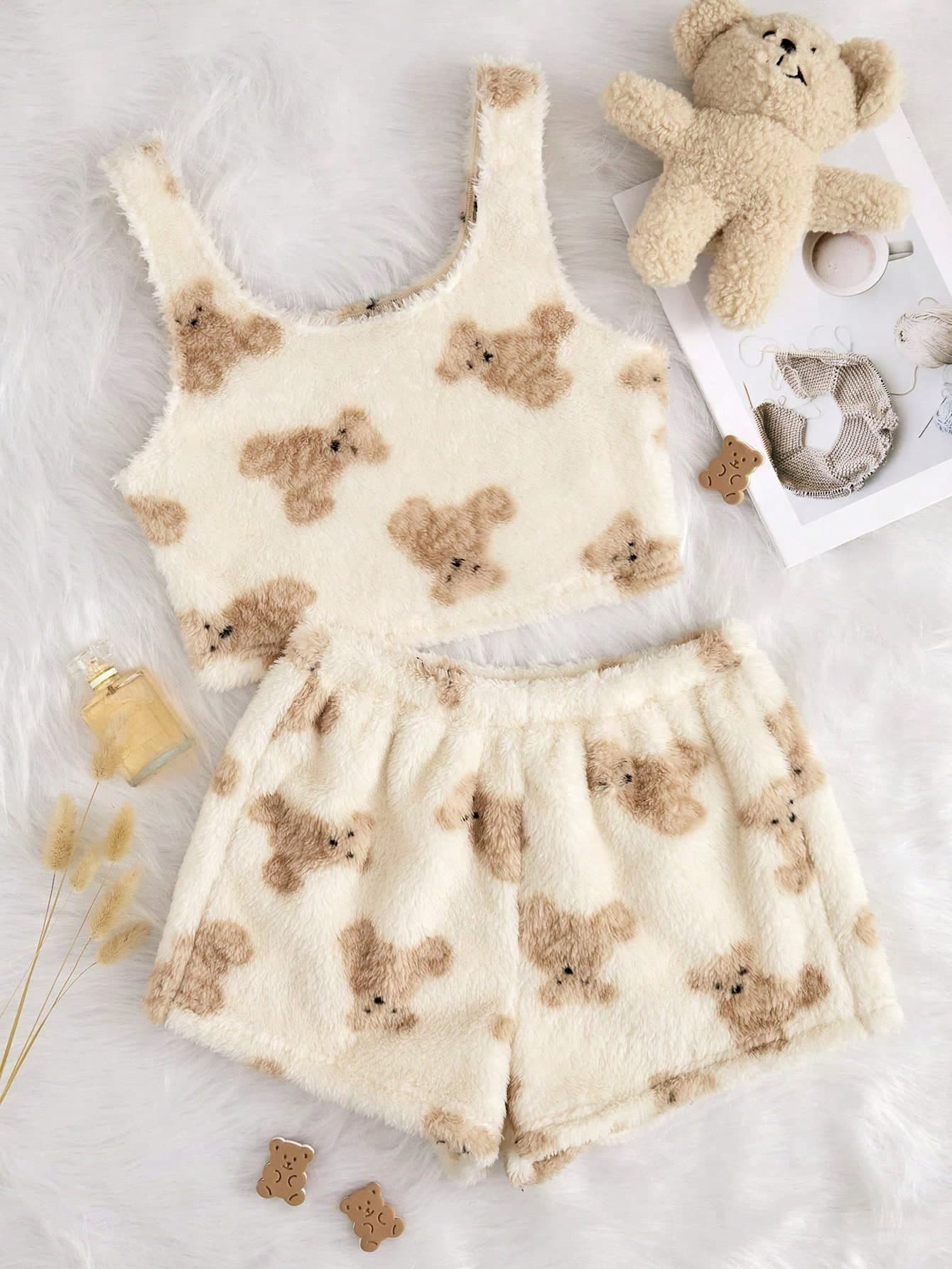 SHEIN Women's Bear Print Tank Top And Shorts Pajama Set , Fluffy Cozy Winter Clothes