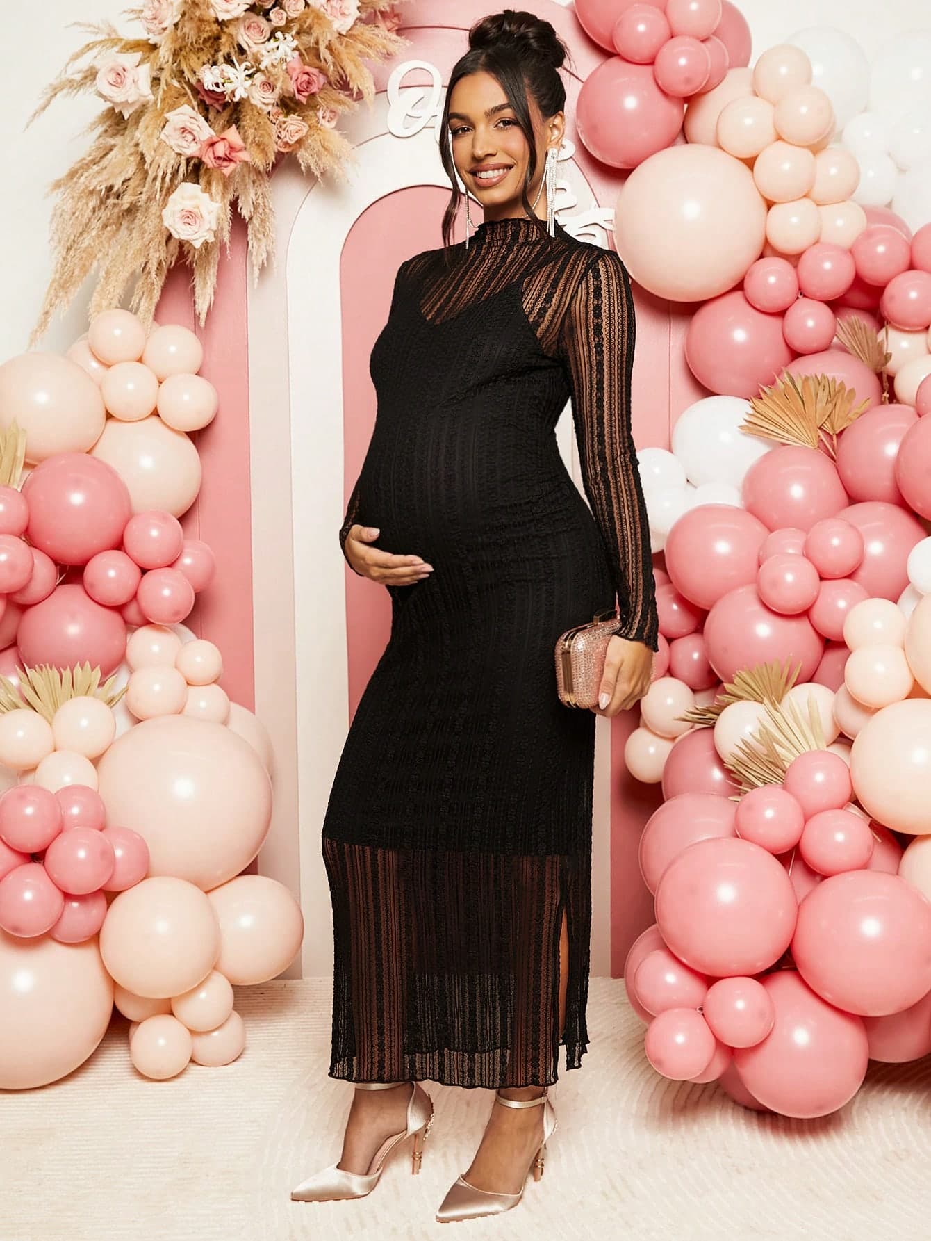 Loomaby Gender Reveal Dress Maternity Women's Solid Color Mesh Splice Ruffle Hem Sheer Stand Collar Long Sleeve For Baby Shower Fall