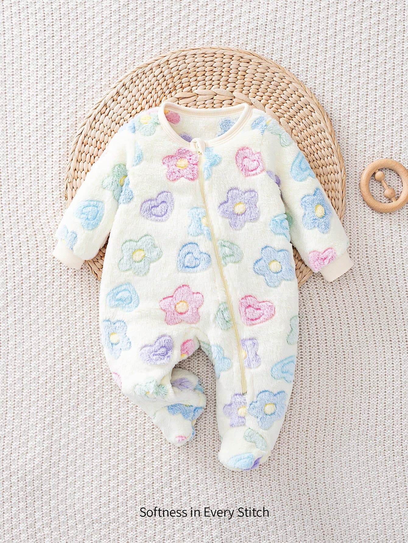 Cozy Pixies Newborn Baby Girl Floral Print Crew Neck Long Sleeve Autumn Winter Jumpsuit, Thick Lining