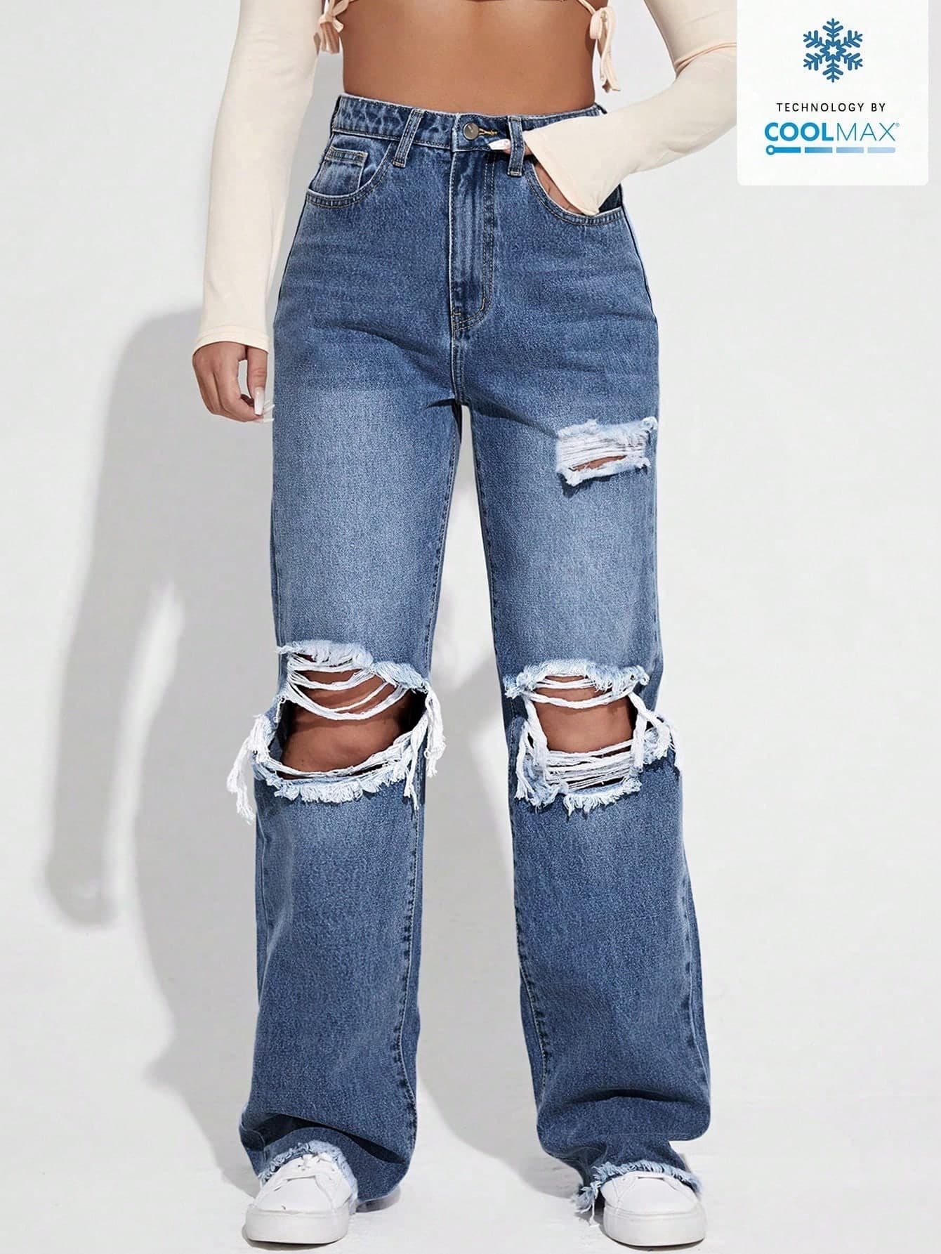 SHEIN EZwear Women's SummerRipped Cutout Wide Leg Jeans