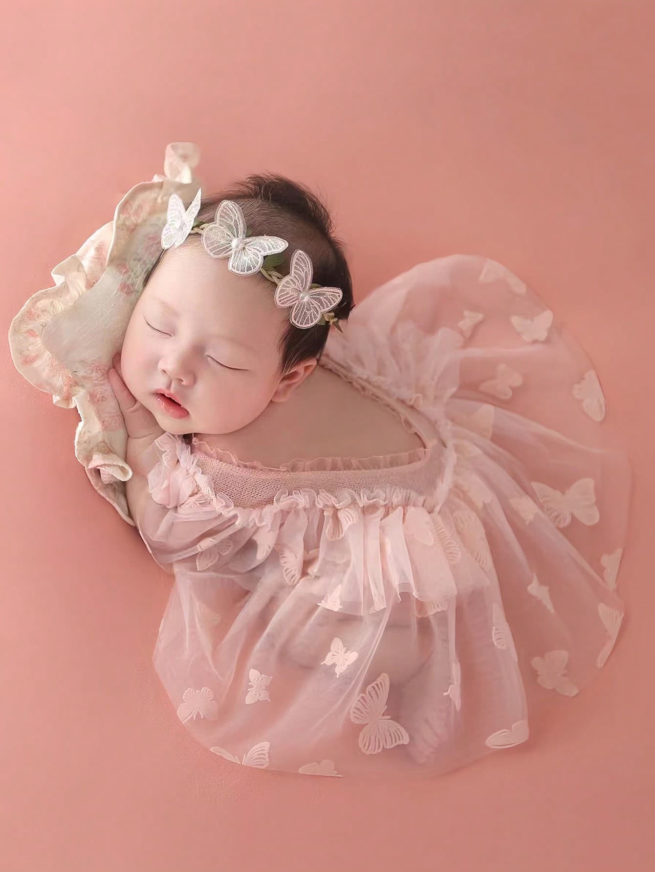 SHEIN Newborn Baby Photo Shoot Outfit Set - Baby Girl Sunflower Mesh Romper Dress With Handmade Headband, Suitable For Daytime