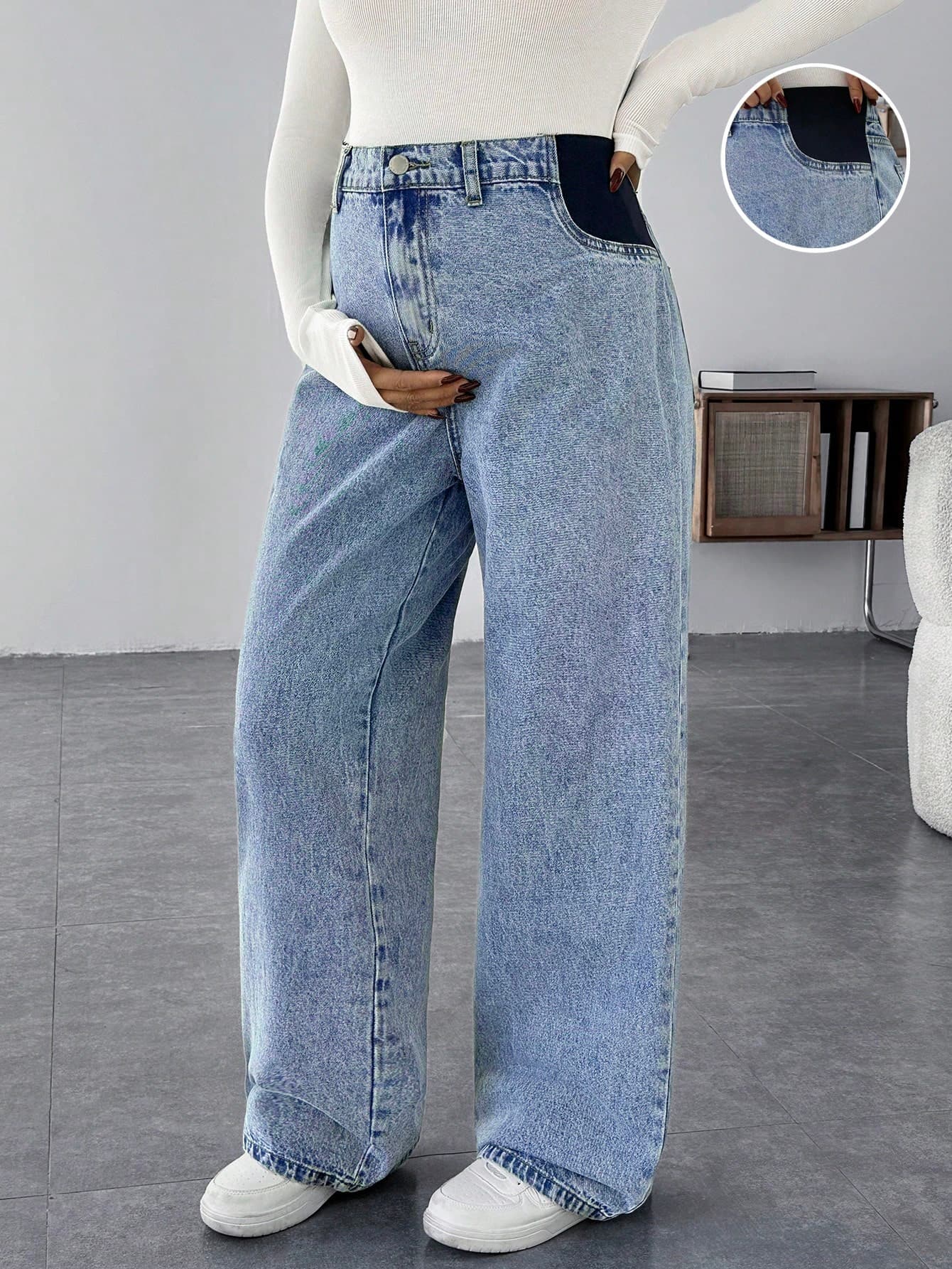 SHEIN Maternity Casual Loose Blue Jeans Women Jeans Baggy Jeans Casual Loose Blue Women's Straight Leg Jeans Thanksgiving Women Wide Waist Mom Jeans