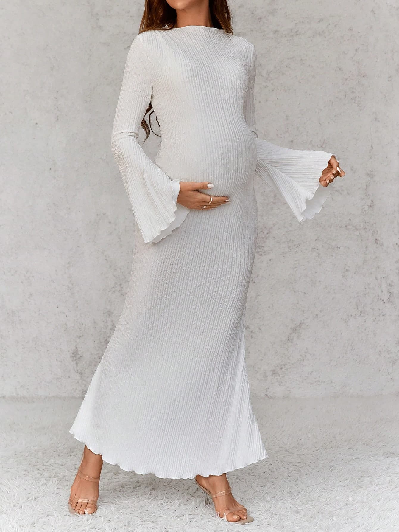 SHEIN Maternity Elegant Long Ball Gown, Black Color, Bell Sleeve, Bodycon Maxi Mermaid Dress For Pregnant Women Fall