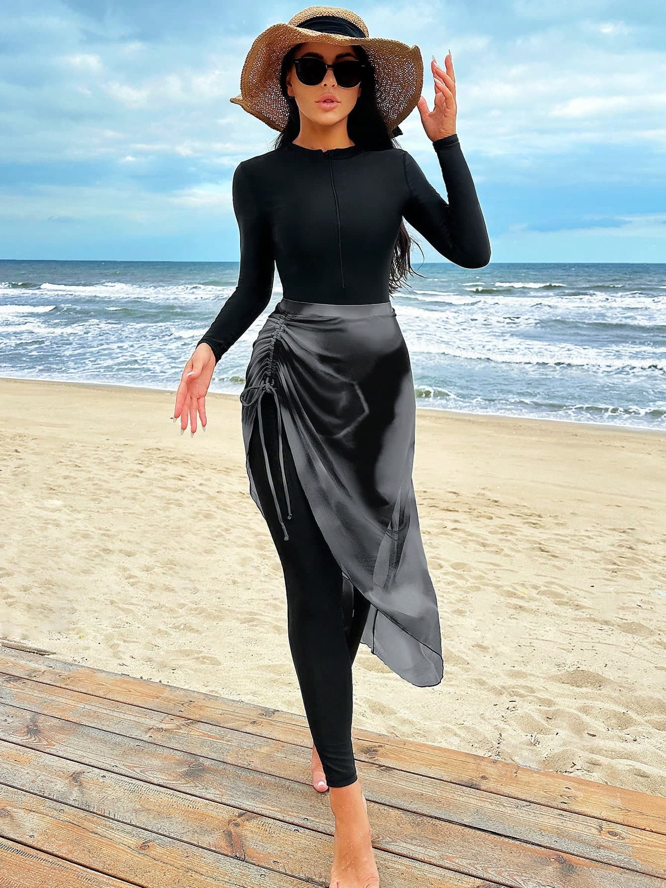 Swim Mulvari 1pc Solid Color Crew Neck Long Sleeve Swimsuit And Drawstring Waist Skirt Burkini Set, Summer Beach Arabic Clothing