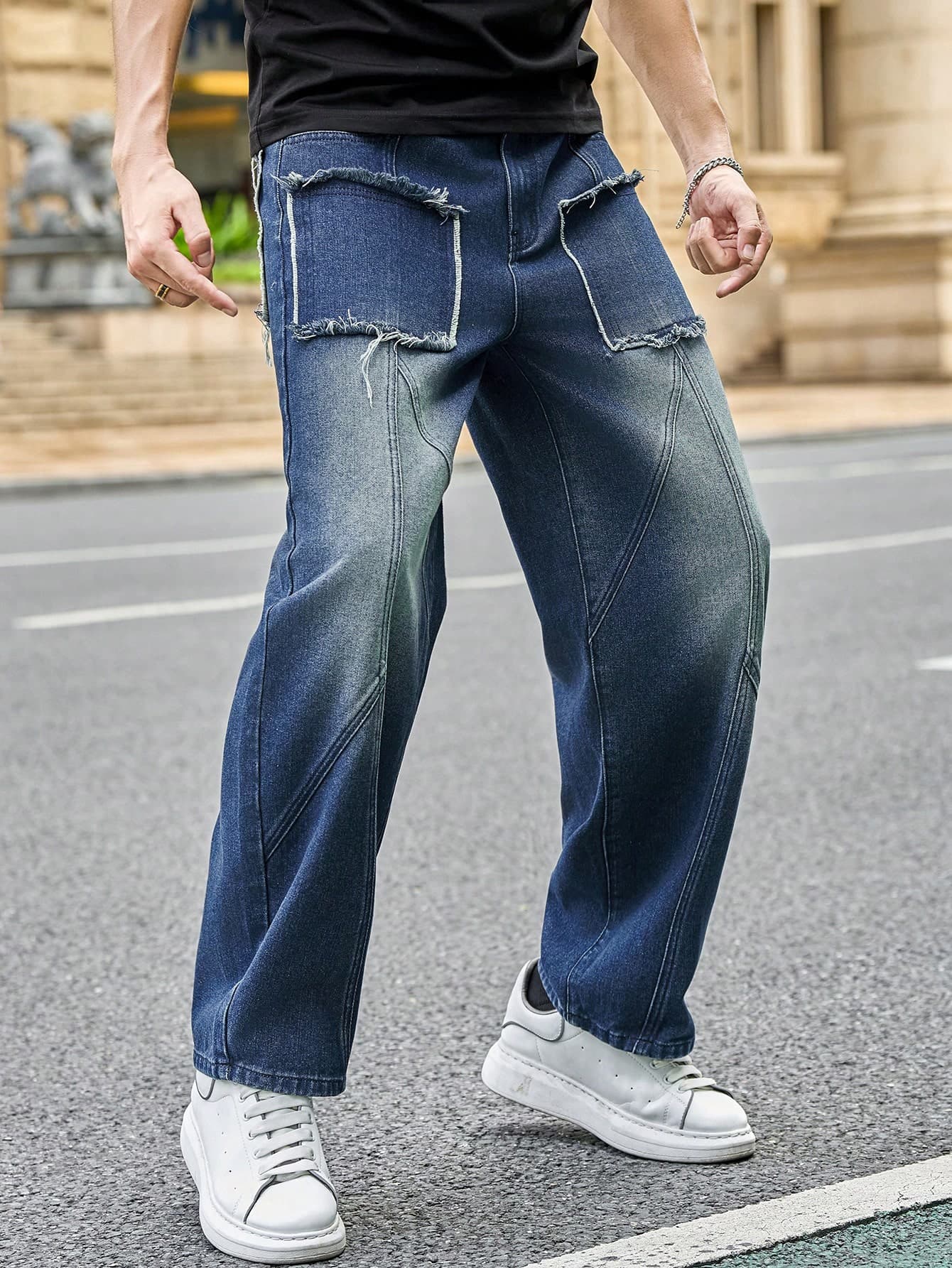 Manfinity Roughcore Men's Faded Denim Baggy Jeans With Square Patches