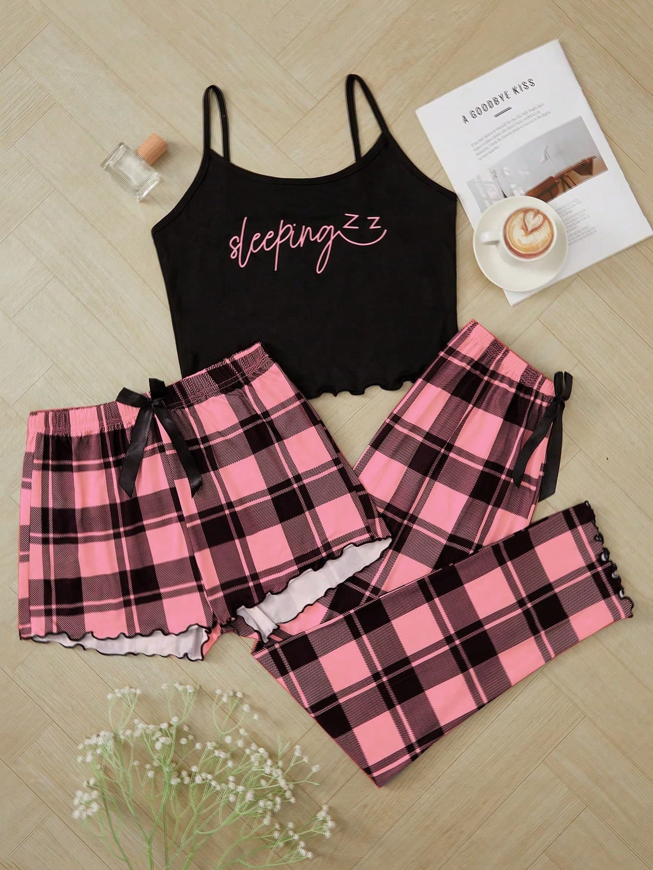 3pcs Set: Letter Print Plaid Camisole Shorts And Pants