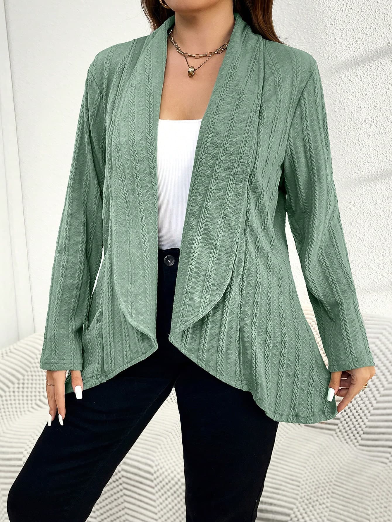 SHEIN Essnce Women Plus Size Open Front Textured Fabric Green Coat Fall/Winter
