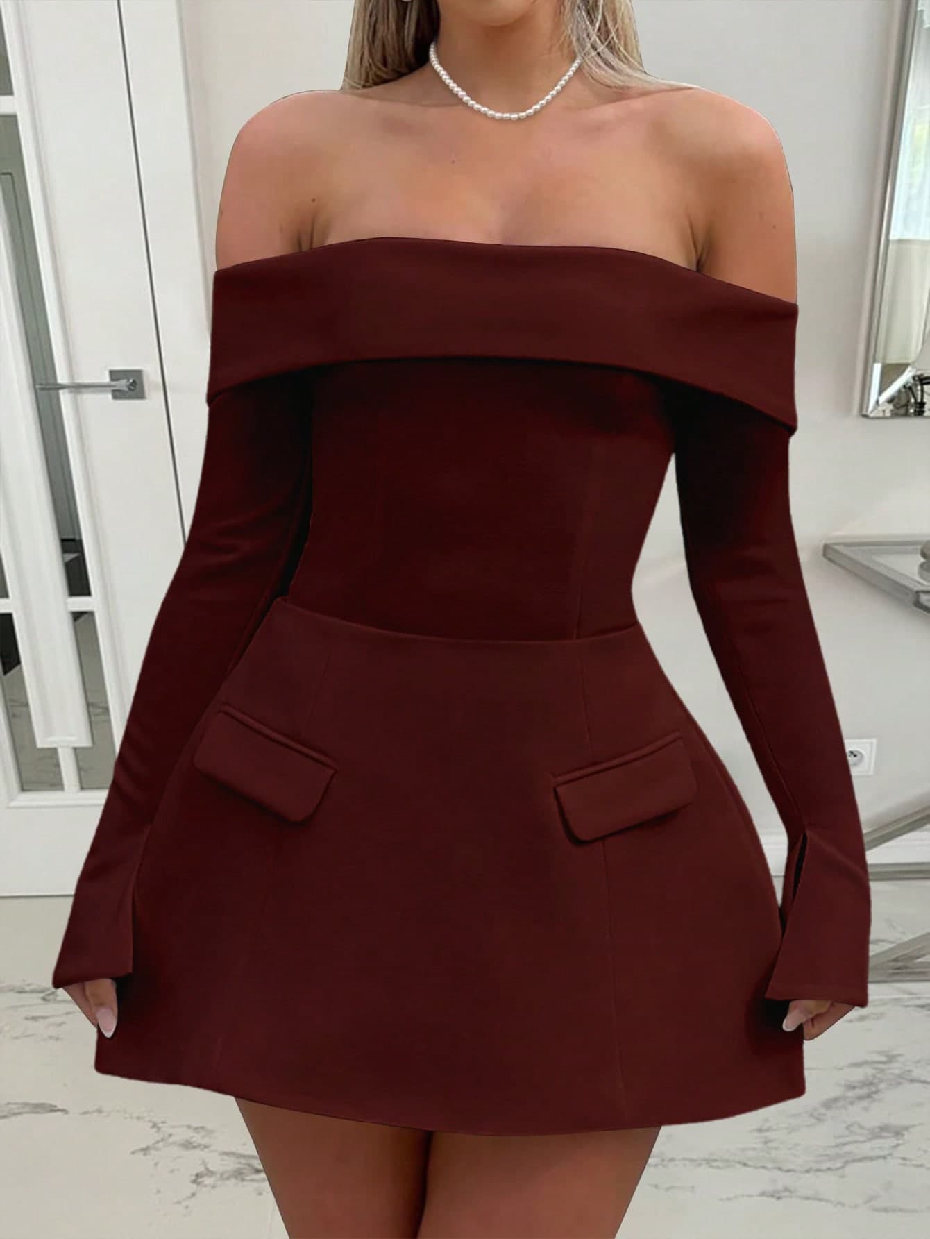 INAWLY Women Elegant Off-Shoulder Long Sleeve Pocket Casual Simple Mini Dress, For Valentine's Day, New Years Party Fall Cloth For Women