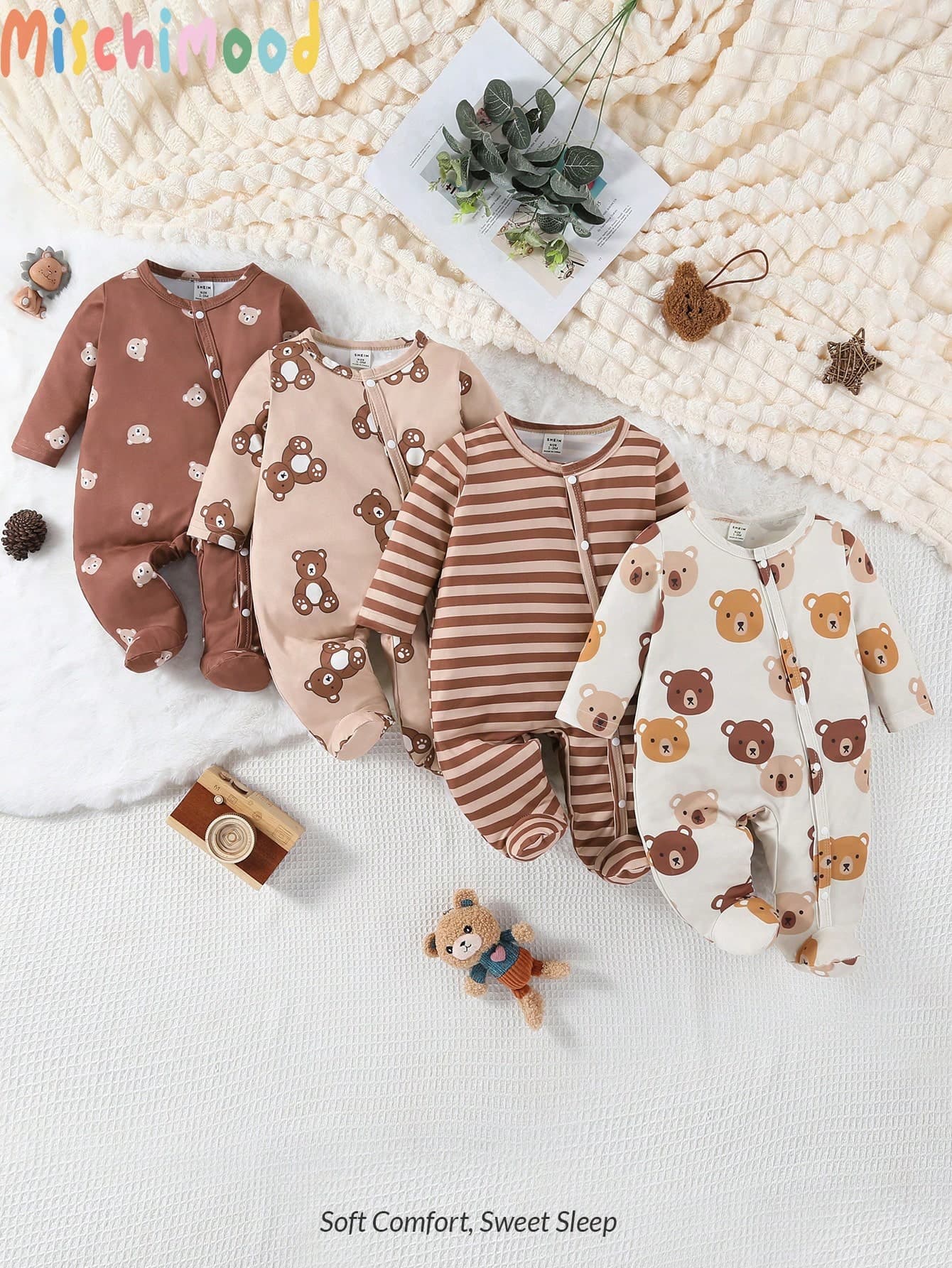 4pcs/Set Newborn Simple Fashionable Cute Bear Print Long Sleeve Footed Sleepwear Jumpsuit Set