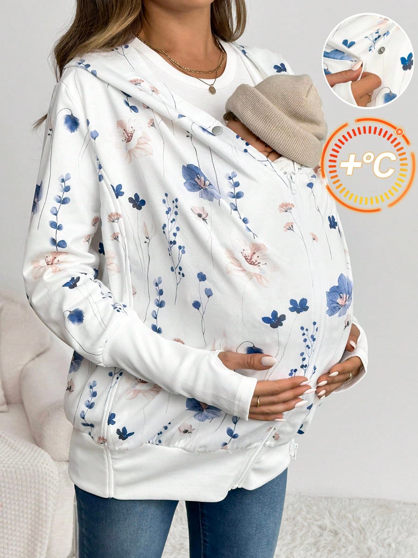 SHEIN 3-In-1 Maternity Knitted Kangaroo Pocket Hooded Thick Jacket, Maternity Jacket Winter