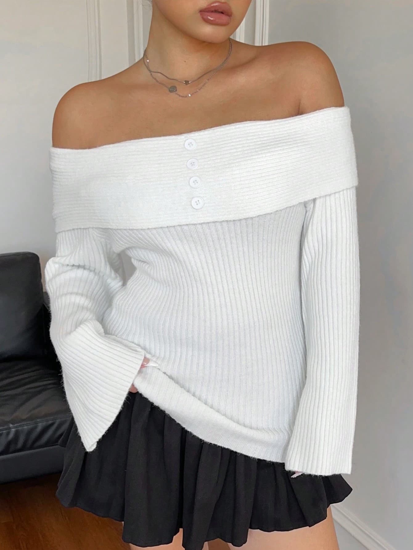 Flirla Plus Size Women Off-Shoulder Ribbed Knit Sweater, Elegant Long Sleeve Fitted Fall/Winter Pullover Knit Pullover