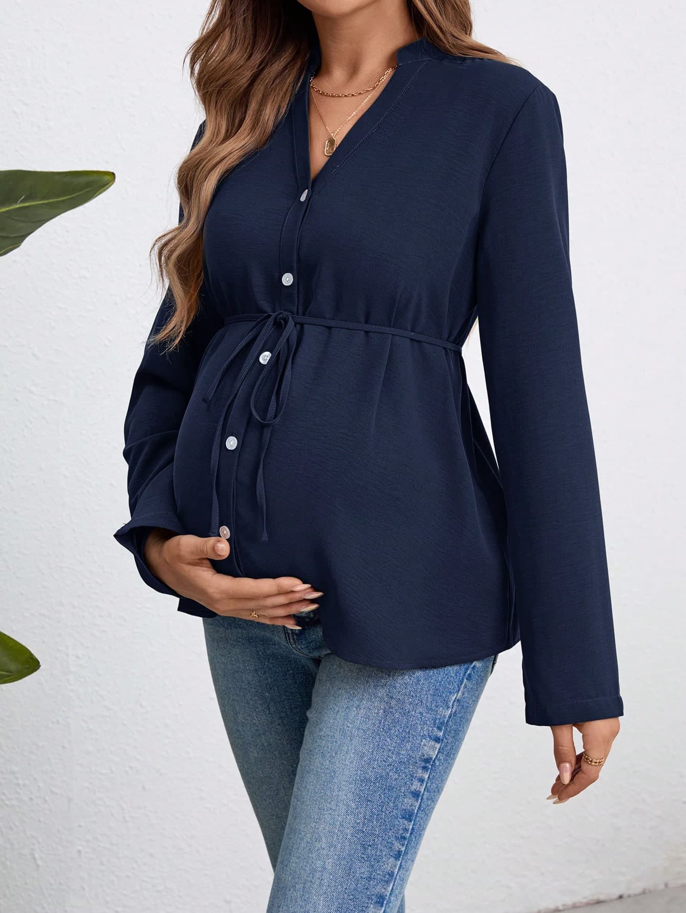 SHEIN Maternity Women Long Sleeve Shirt, Military Green Button-Down Blouse Fall