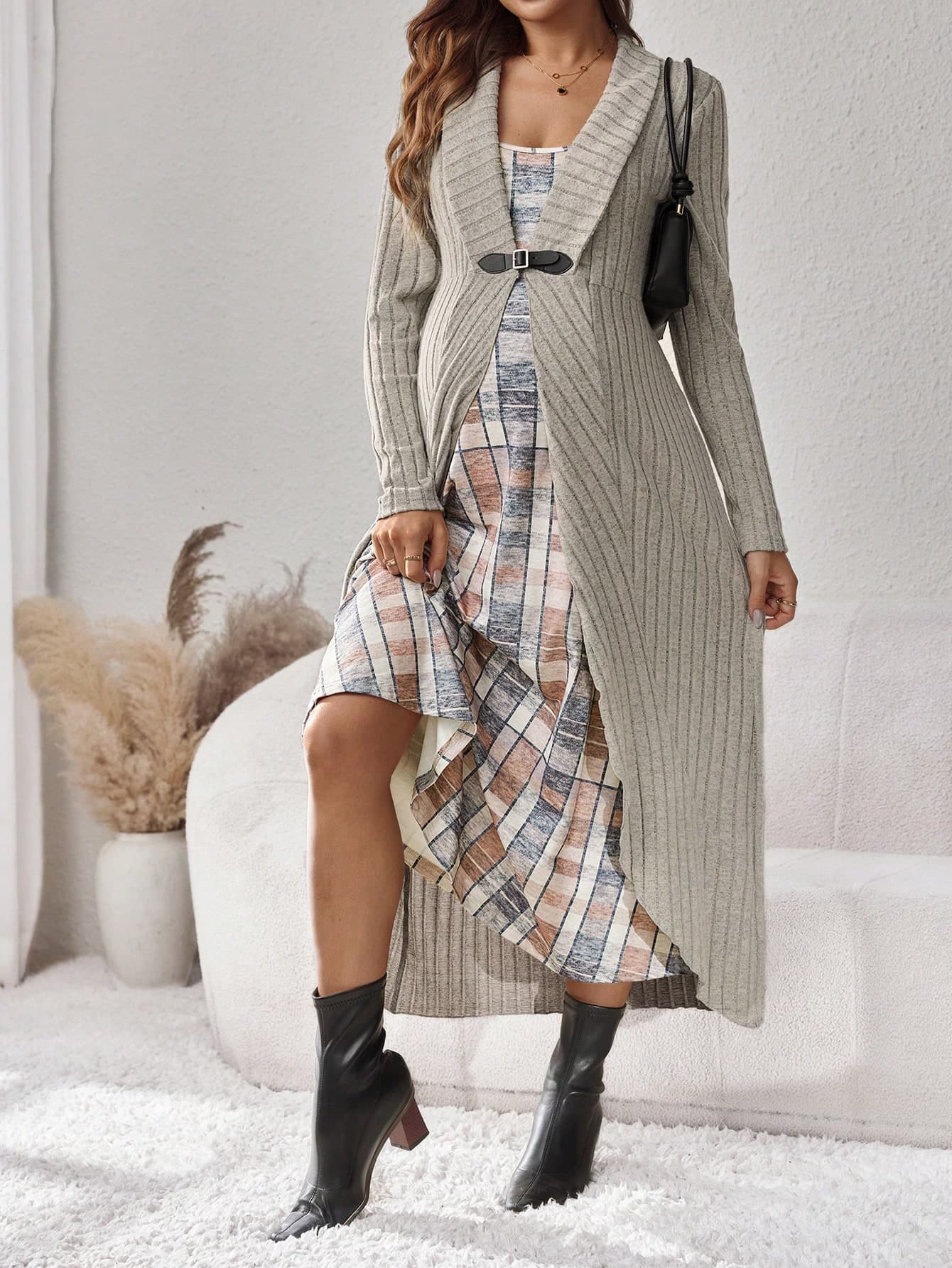SHEIN Maternity Plaid Print Camisole Dress With Ribbed Cardigan, Elegant Two-Piece Outfit