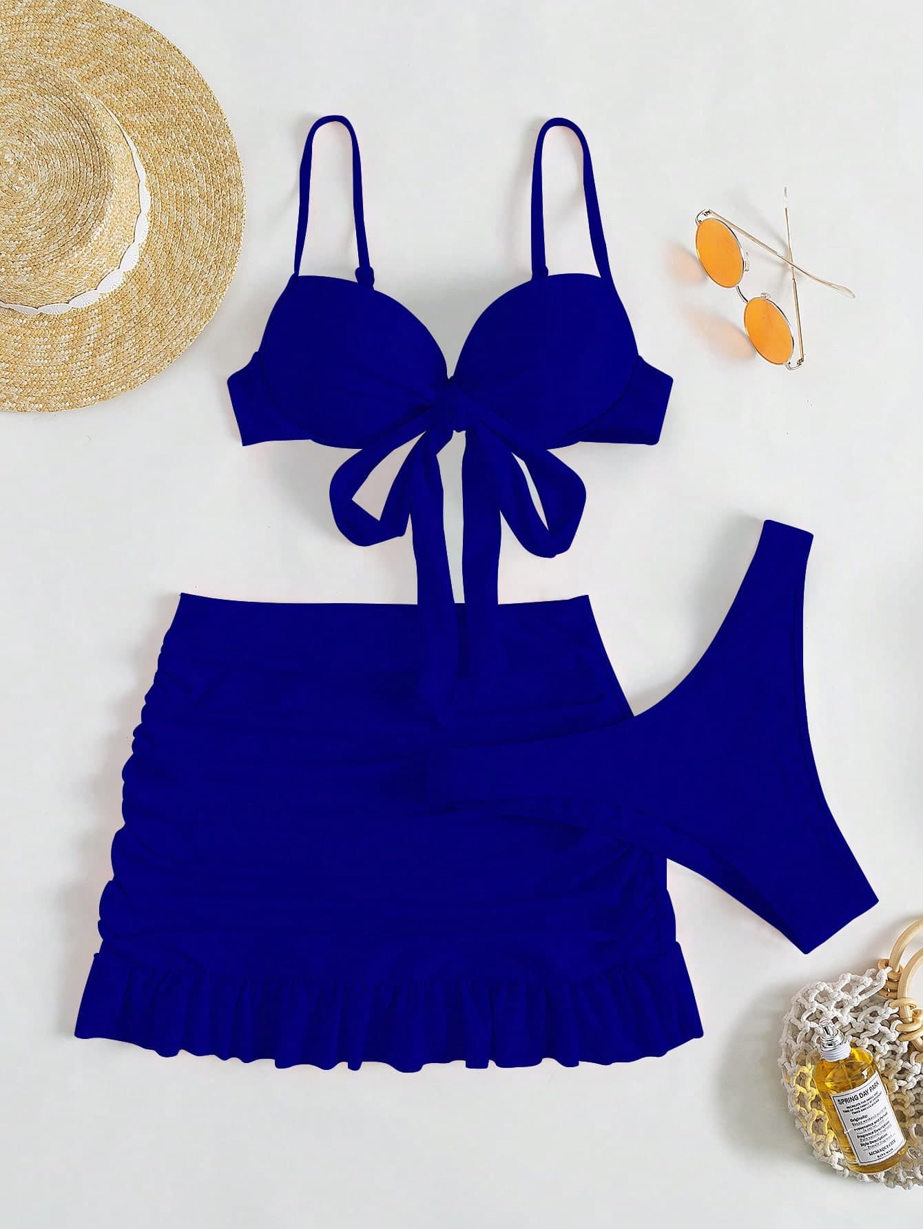 SHEIN Swim Summer Beach Solid Bikini Set Knot Front Push Up Bra & High Cut Bottom & Ruched Beach Skirt 3 Piece Bathing Suit