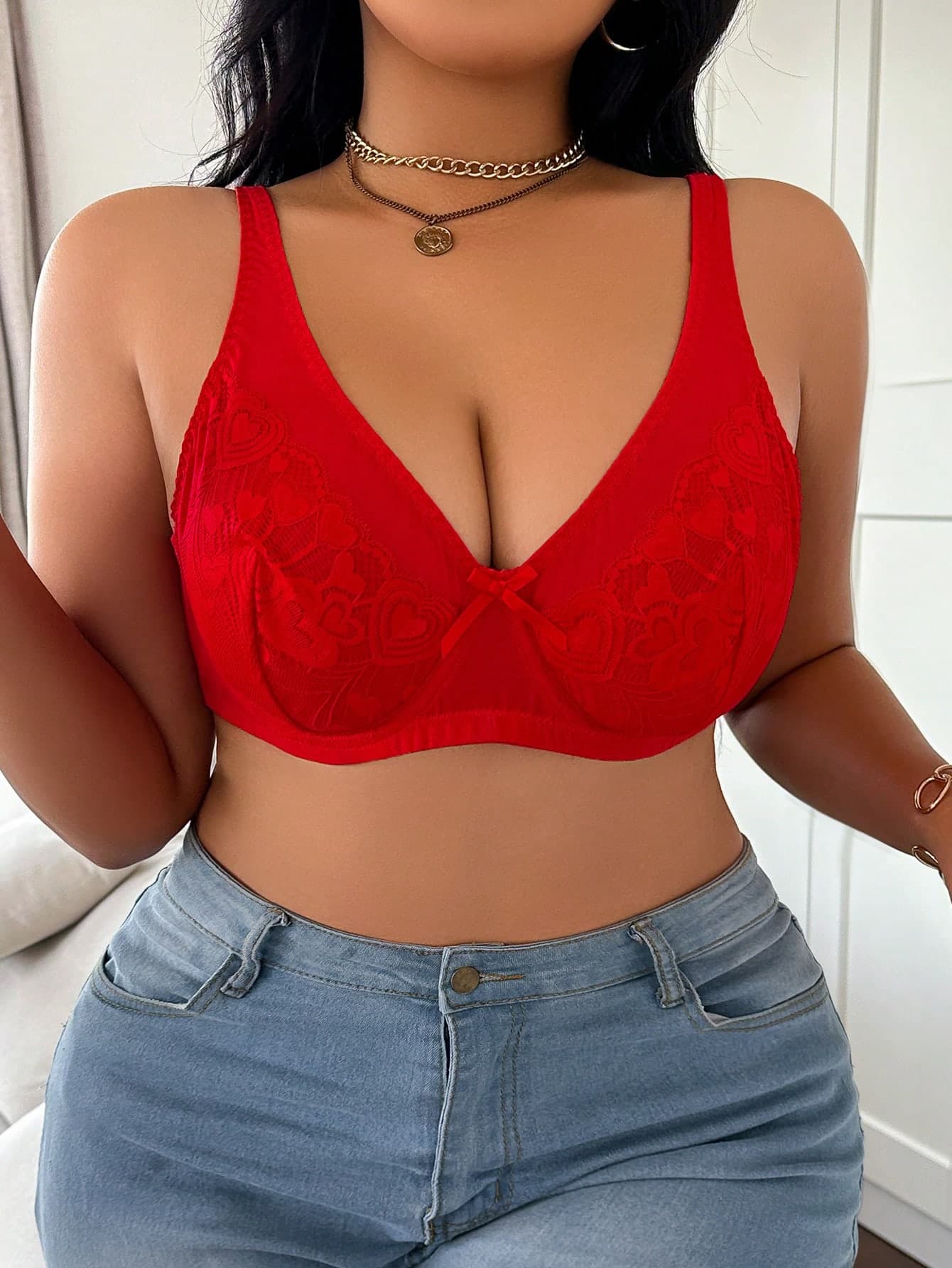 Plus Size Plain Color Bow Decor Casual Lingerie Bralette & Wireless Lingerie Bra