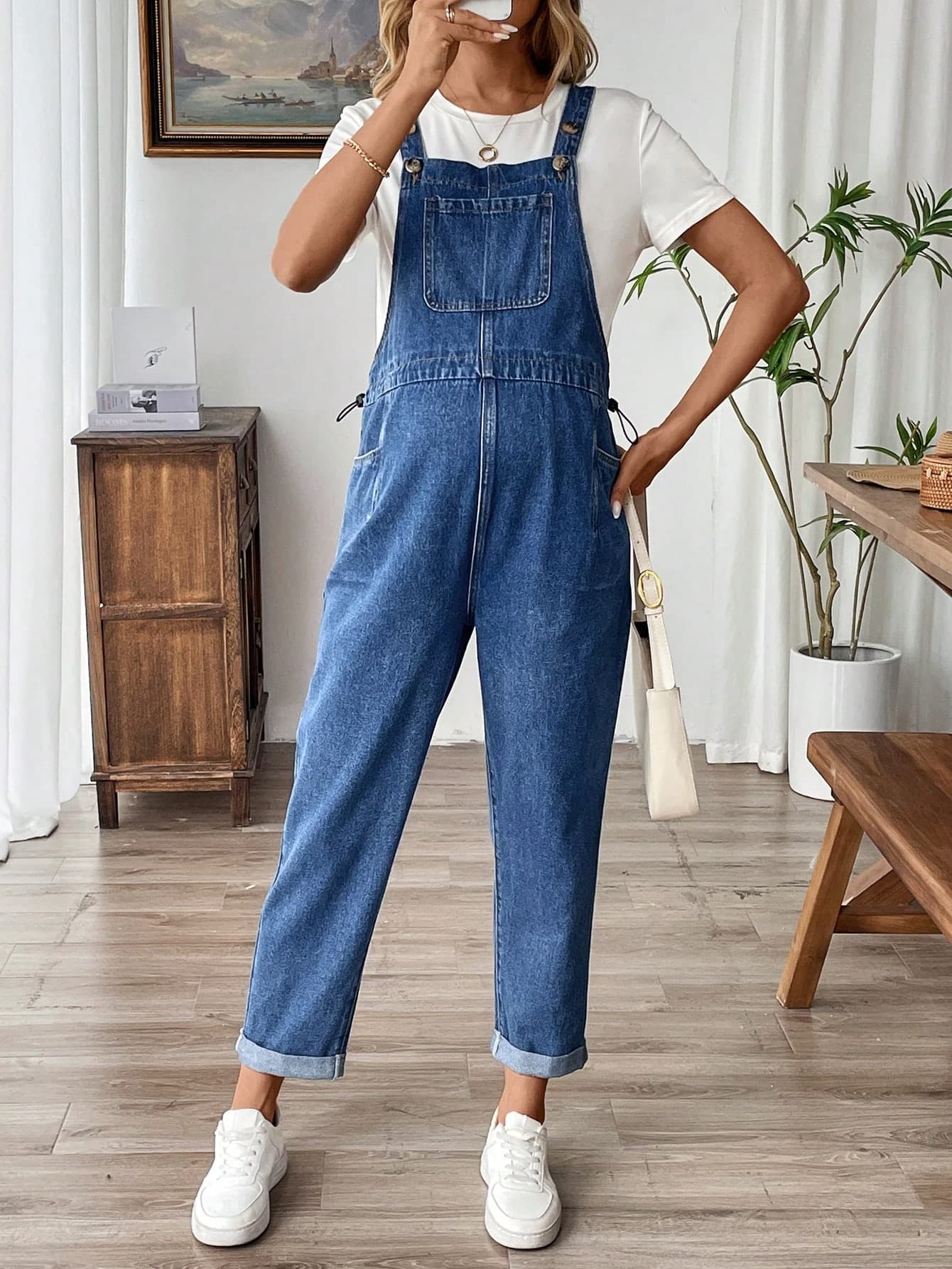 SHEIN Pregnant Women Side Pocket Drawstring Waist Casual Distressed Hem Denim Bib Pants