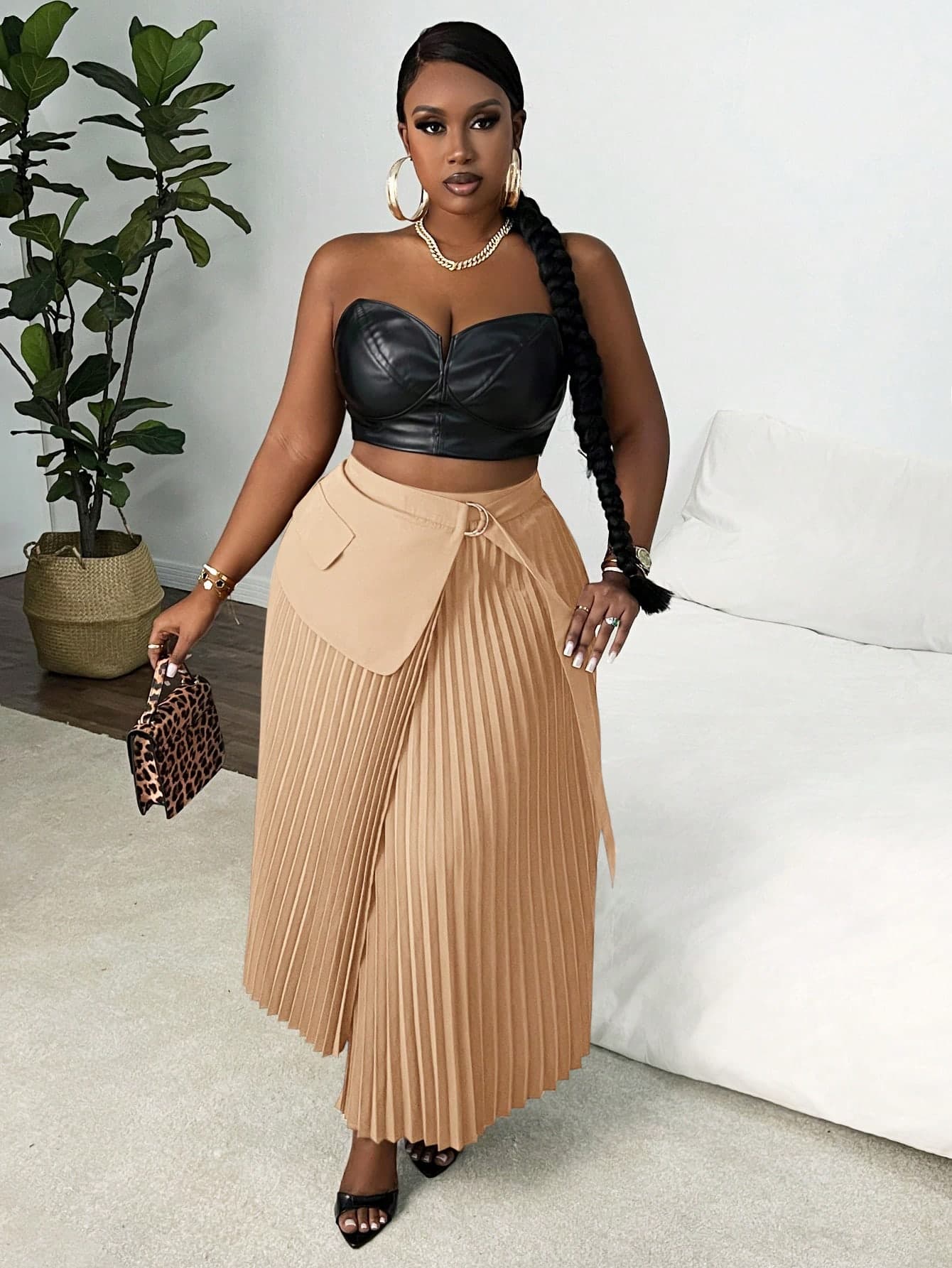 Slaydiva Plus Size Women Elegant Romantic Solid Color Ruched Waist Adjustable Tie Skirt, Red Brown