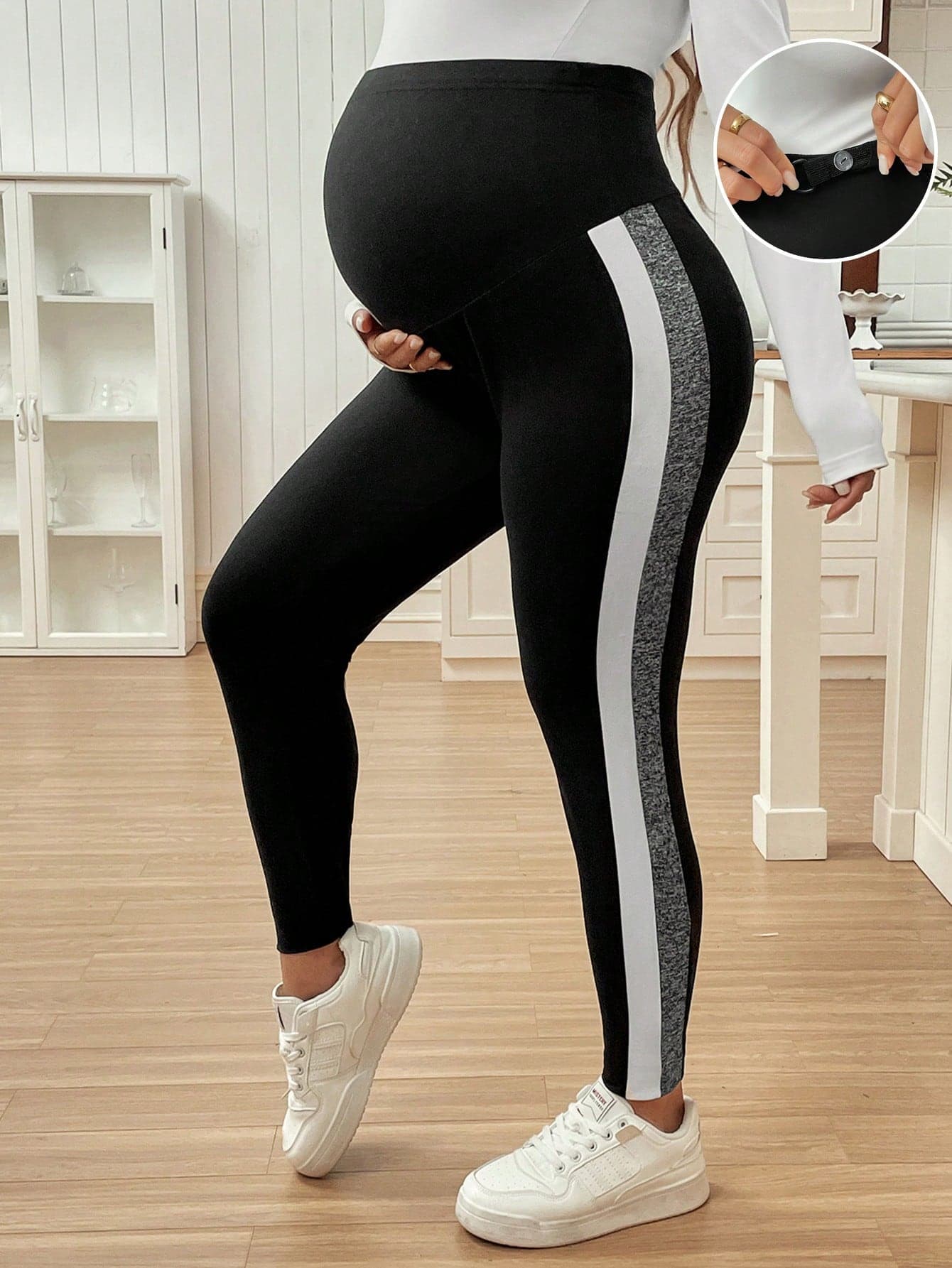 SHEIN Adjustable Waist Maternity Leggings, Contrast Color Tight Pants World Cup