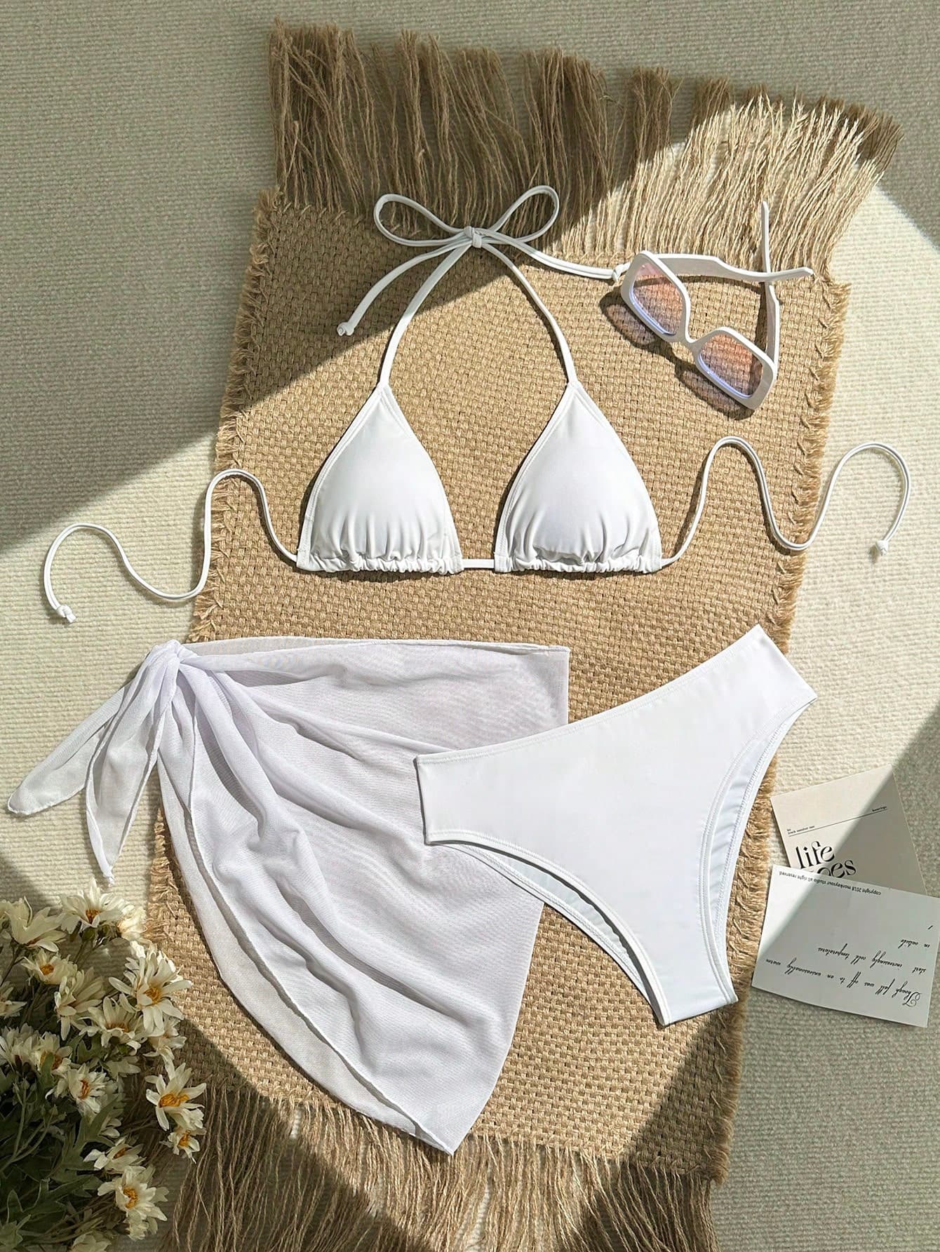 Swim Vcay Women's Solid Color Halter Tie-Up Sexy Bikini Swimwear Set With Coverup & Skirt, 3Pcs Summer