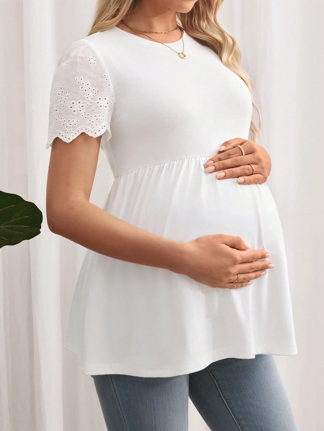 SHEIN Maternity Eyelet Embroidery Sleeve Peplum Tee