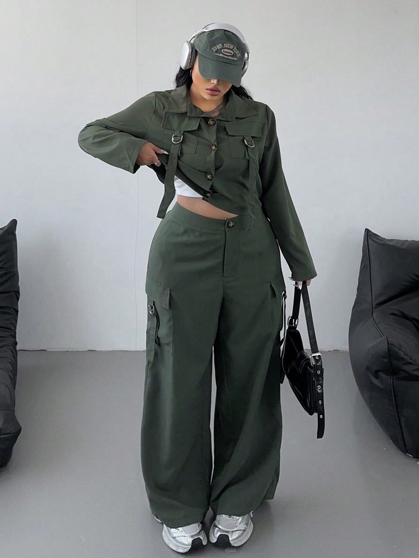 Flirla Plus Size Casual Jumpsuit With Large Pockets & Ribbon 2Pcs Set Fall Cloth For Women