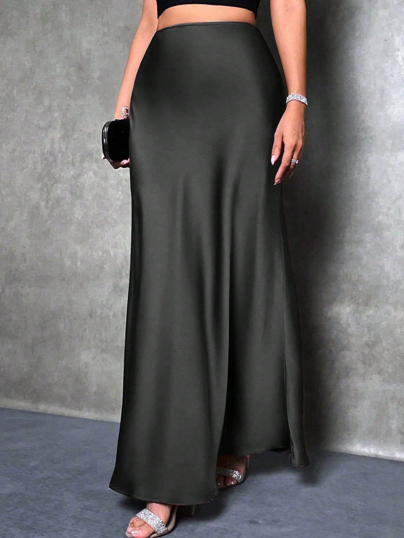 SHEIN Tall Women's Solid Color Mermaid Style Skirt, Satin Finish A-Line Skirt, Elegant Long Skirt, Suitable For Parties, Daily Wear, Black Skirt, Tall Women