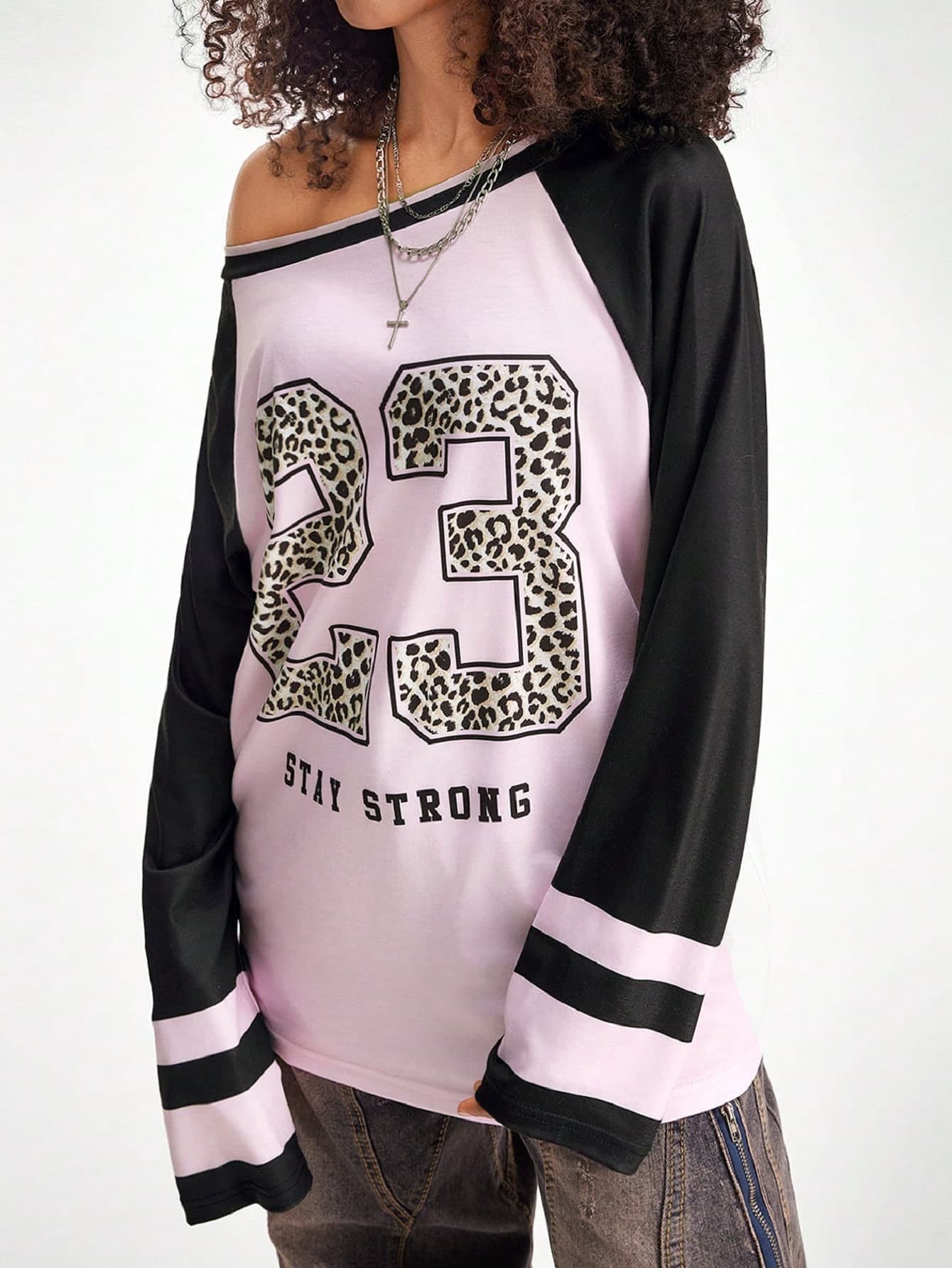 SHEIN EZwear Women's Leopard Number Pattern Asymmetrical Neck Long Sleeve T-Shirt