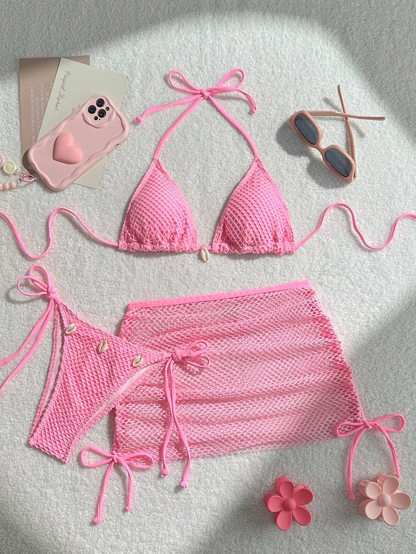 Swim Mod 3pcs/Set Women Solid Color Halter Neck Tie Back Bikini Top, Swimwear Bottom And Skirt Swimwear Set Summer