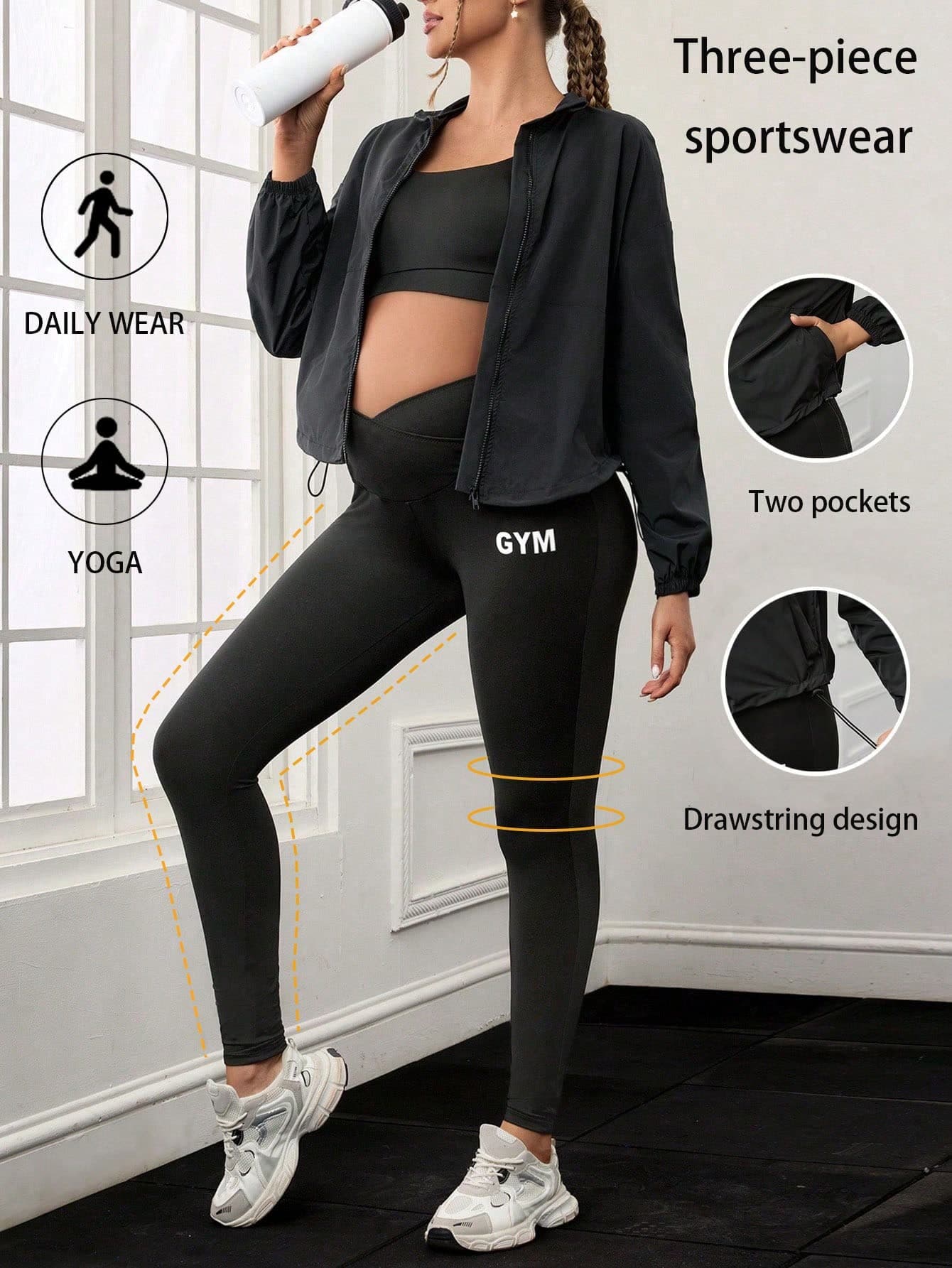 SHEIN Maternity Sporty Triangle 3pcs Set, Screen Print Design Jacket With Adjustable Drawstring Zipper