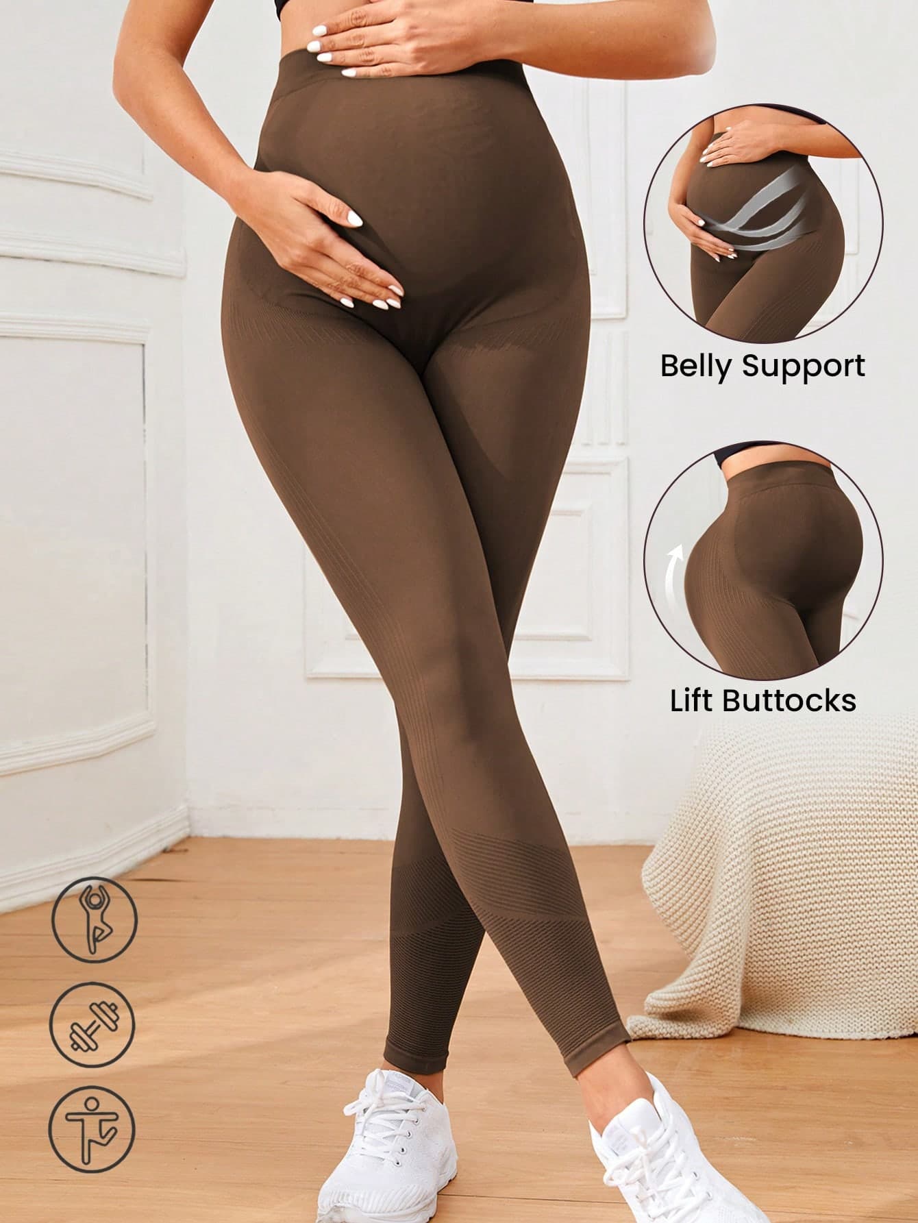 SHEIN Maternity-D Women Summer Brown High Waist Seamless Yoga Pants,Winter Casual Gym Maternity Sports Leggings,Lifting Buttocks,Breathable Stretchy Pants
