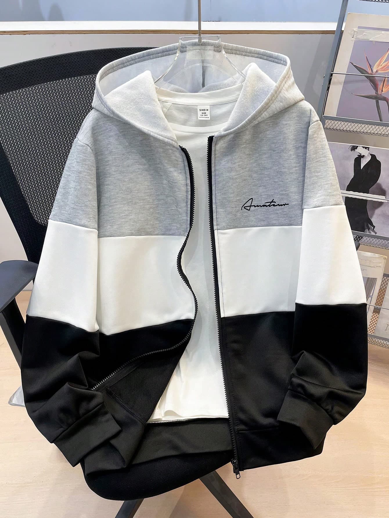 SHEIN Teen Boys Casual Loose Comfortable Versatile Fun Patchwork Colorblock Hooded Open Front Sweatshirt Autumn Jacket Suitable For Outings