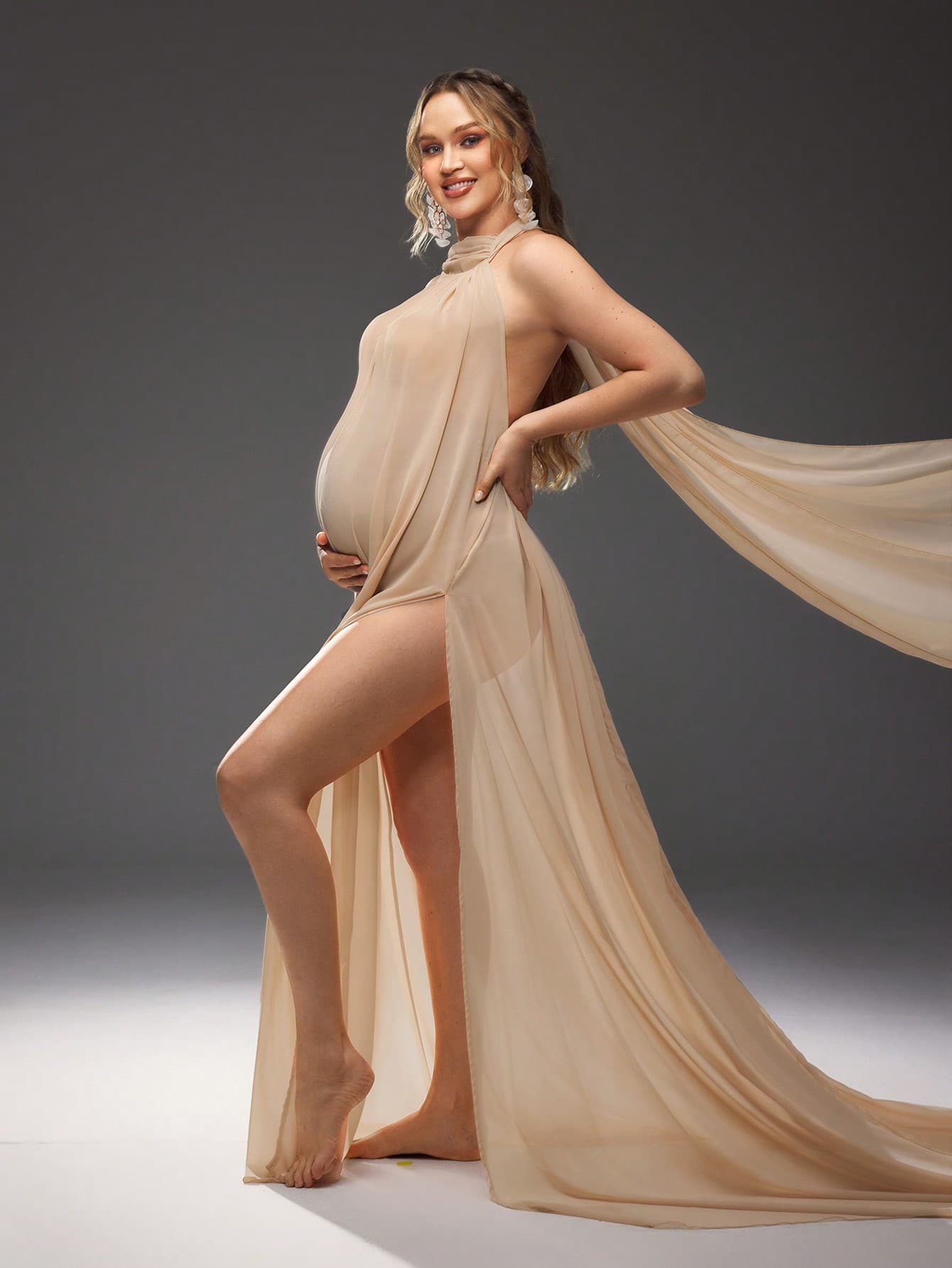Cheriluna Maternity Solid Color Mesh Halter Sexy & Elegant Photo Shoot Outfit For Maternity Photoshoot