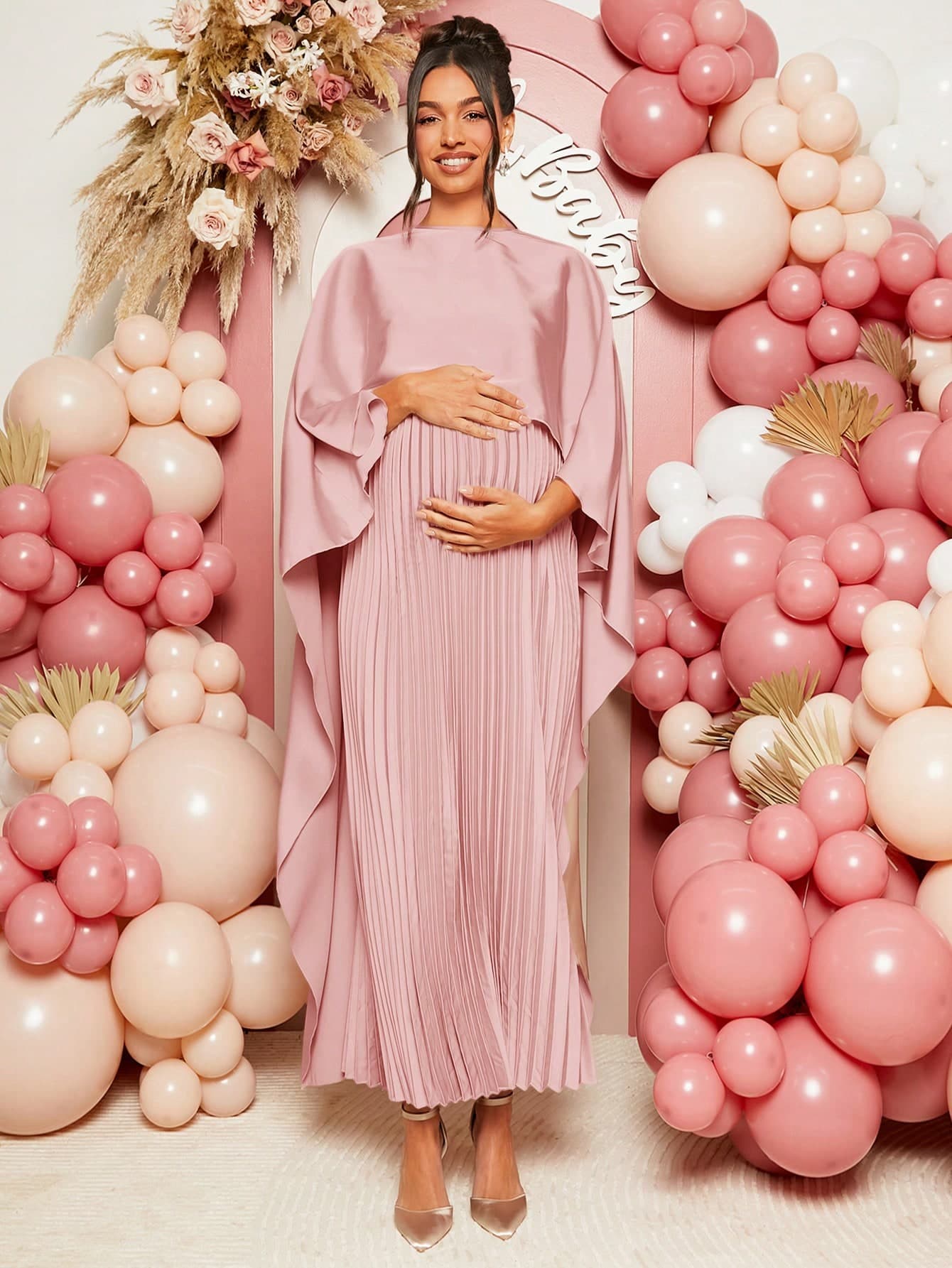 Loomaby Elegant Solid Color Pleat Shoulder Dress, For Pregnant Women Party, Baby Shower Maternity Dress Fall